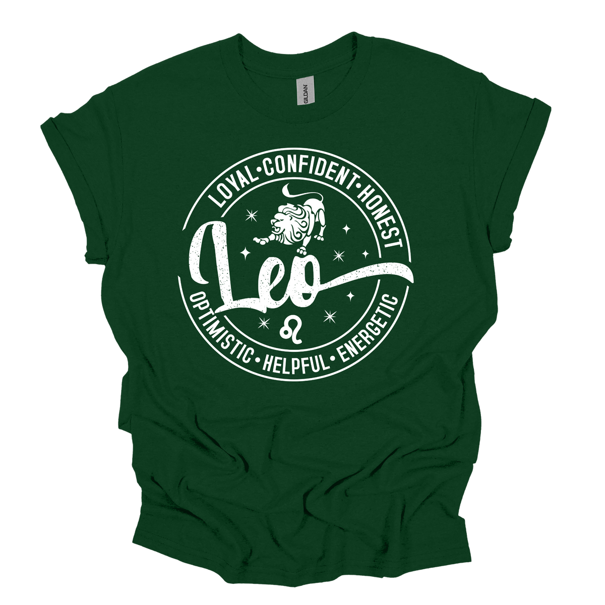 Woman wearing a vibrant green Leo zodiac t-shirt featuring a white round graphic with a lion illustration, the word "Leo," and positive trait keywords like loyal, confident, honest, energetic, helpful, and optimistic.