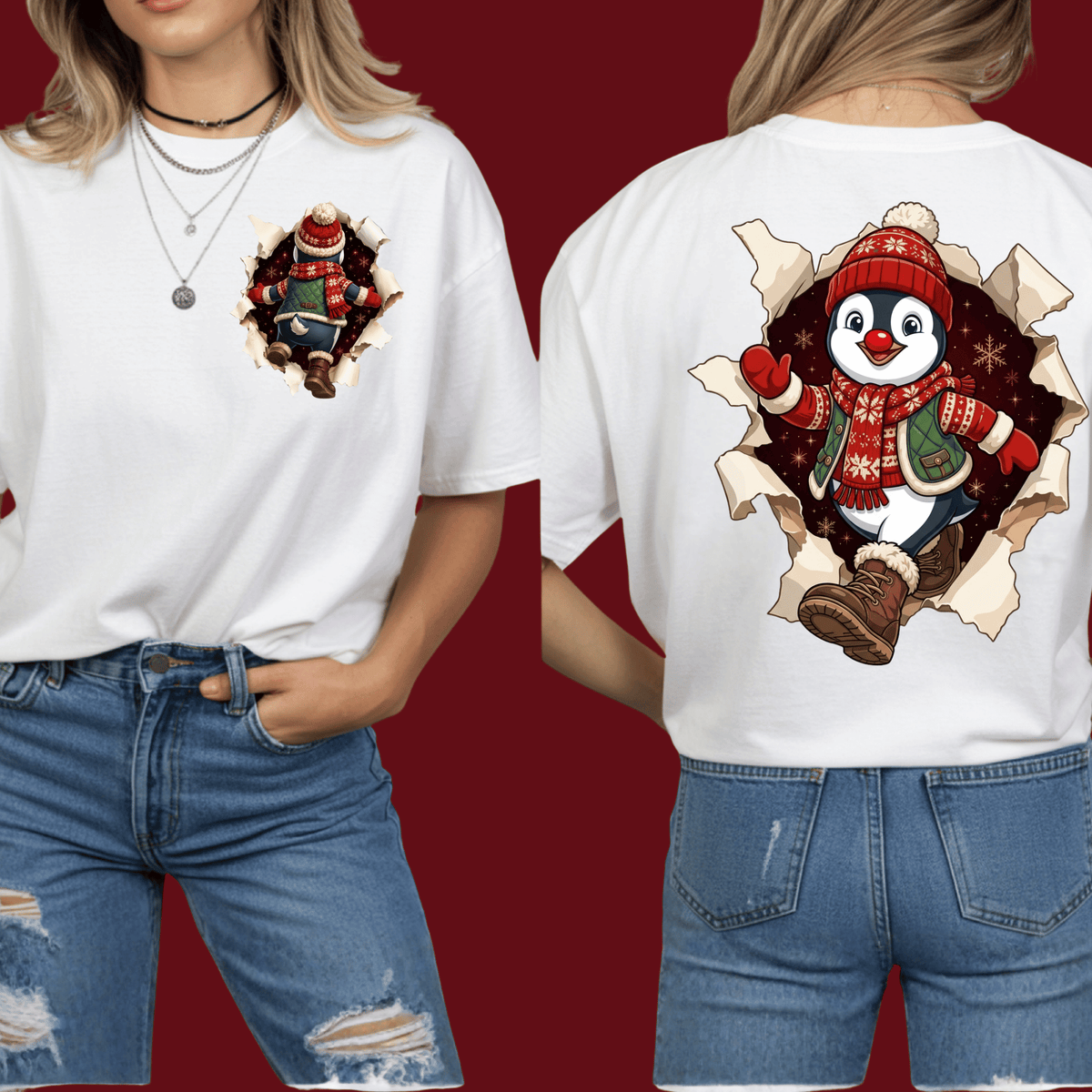 Penguin Christmas Shirt - 3D Torn Effect Holiday Tee, Crewneck, or Hoodie