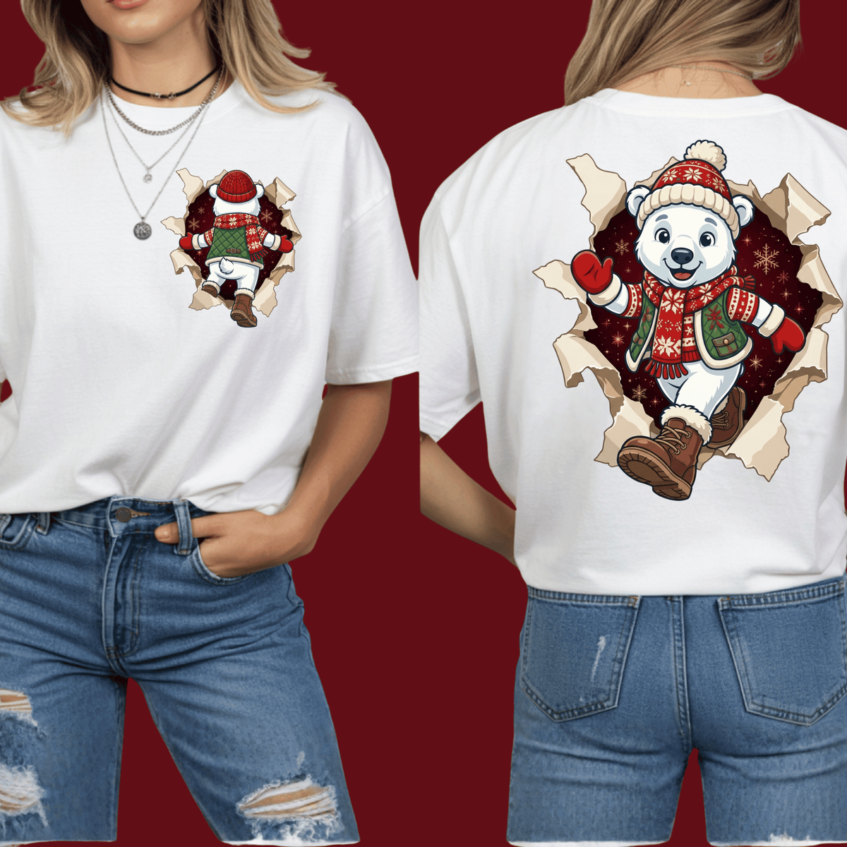 Polar Bear Christmas Shirt - 3D Torn Effect Holiday Tee, Crewneck, or Hoodie
