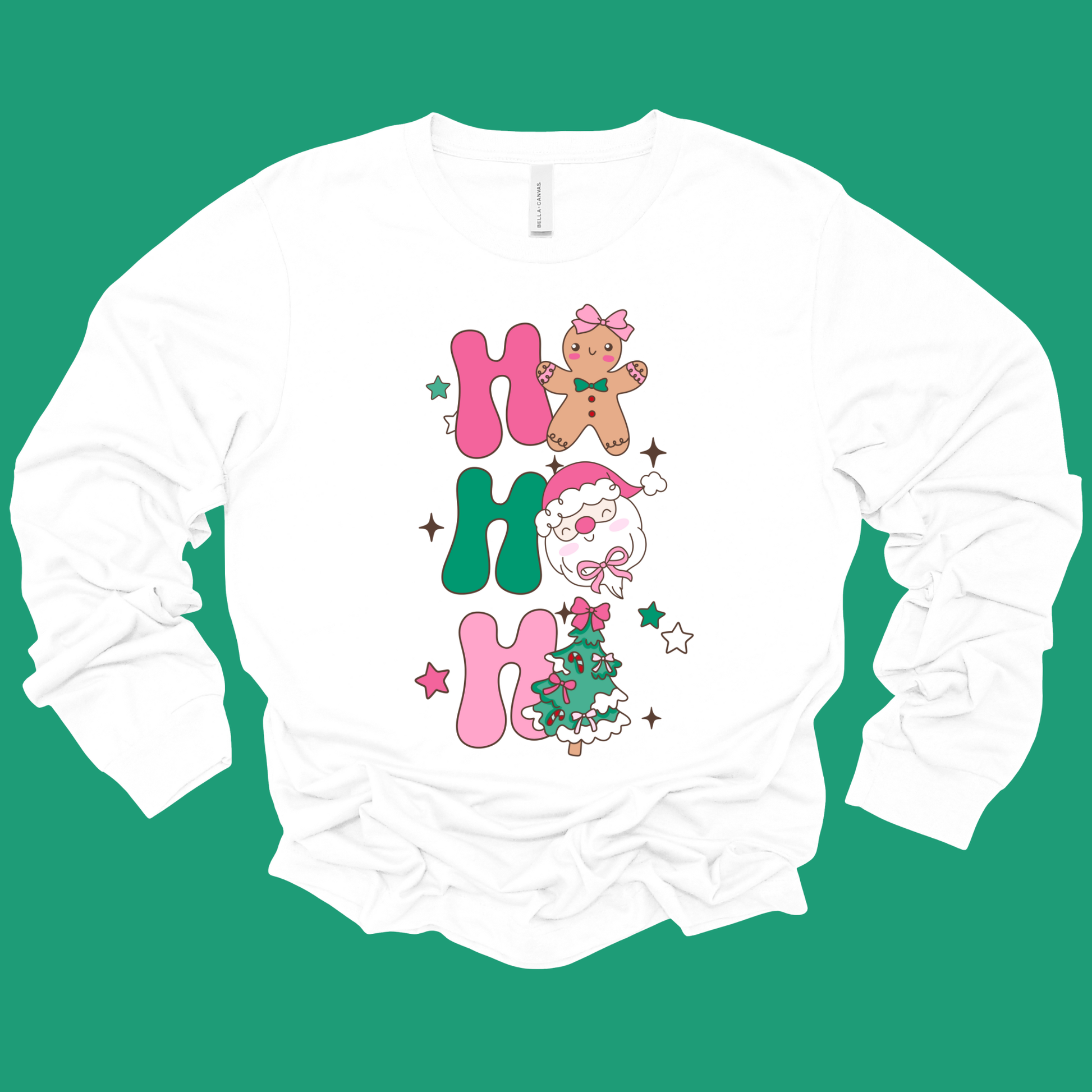 White long-sleeve shirt with Christmas-themed design on a green background