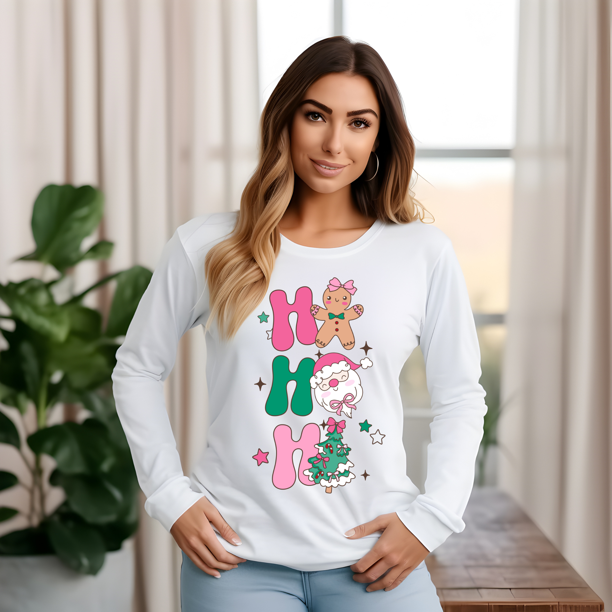 Woman wearing a white long-sleeve shirt with Christmas-themed designs and text.