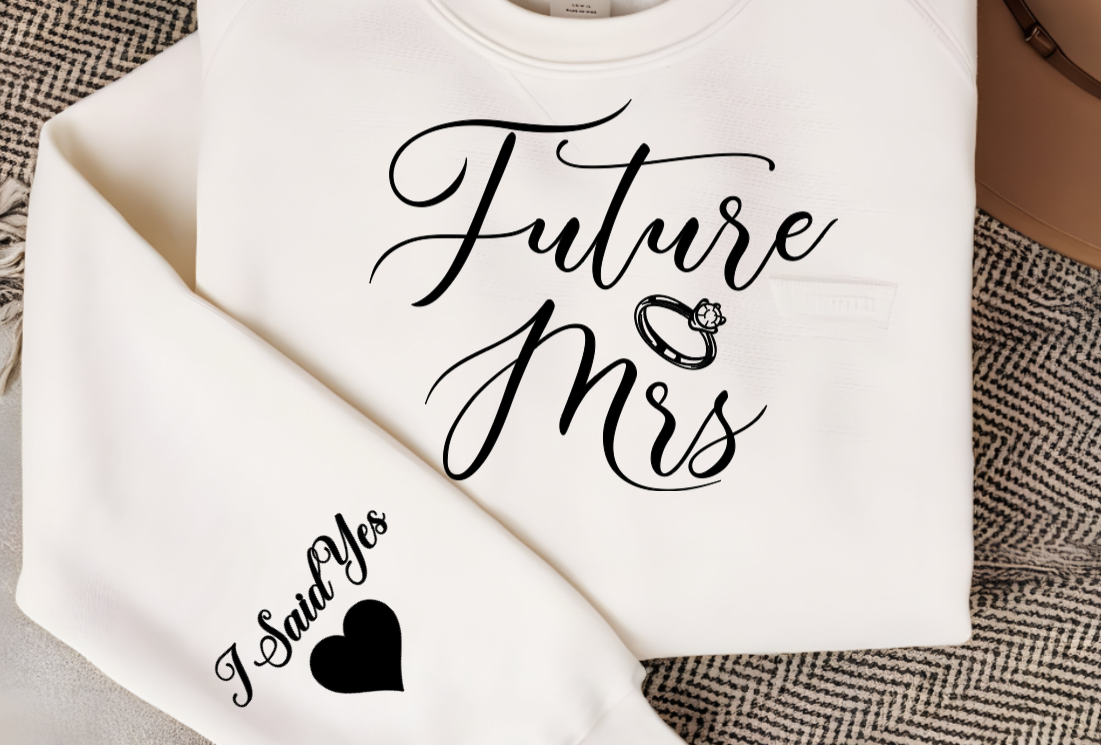 Women's White Sweatshirt with Future Mrs. to indicate engagement Announcement keepsake sweater for the bride to be in addition to a perfect engagement gift at the bridal, a personalized wedding shirt 