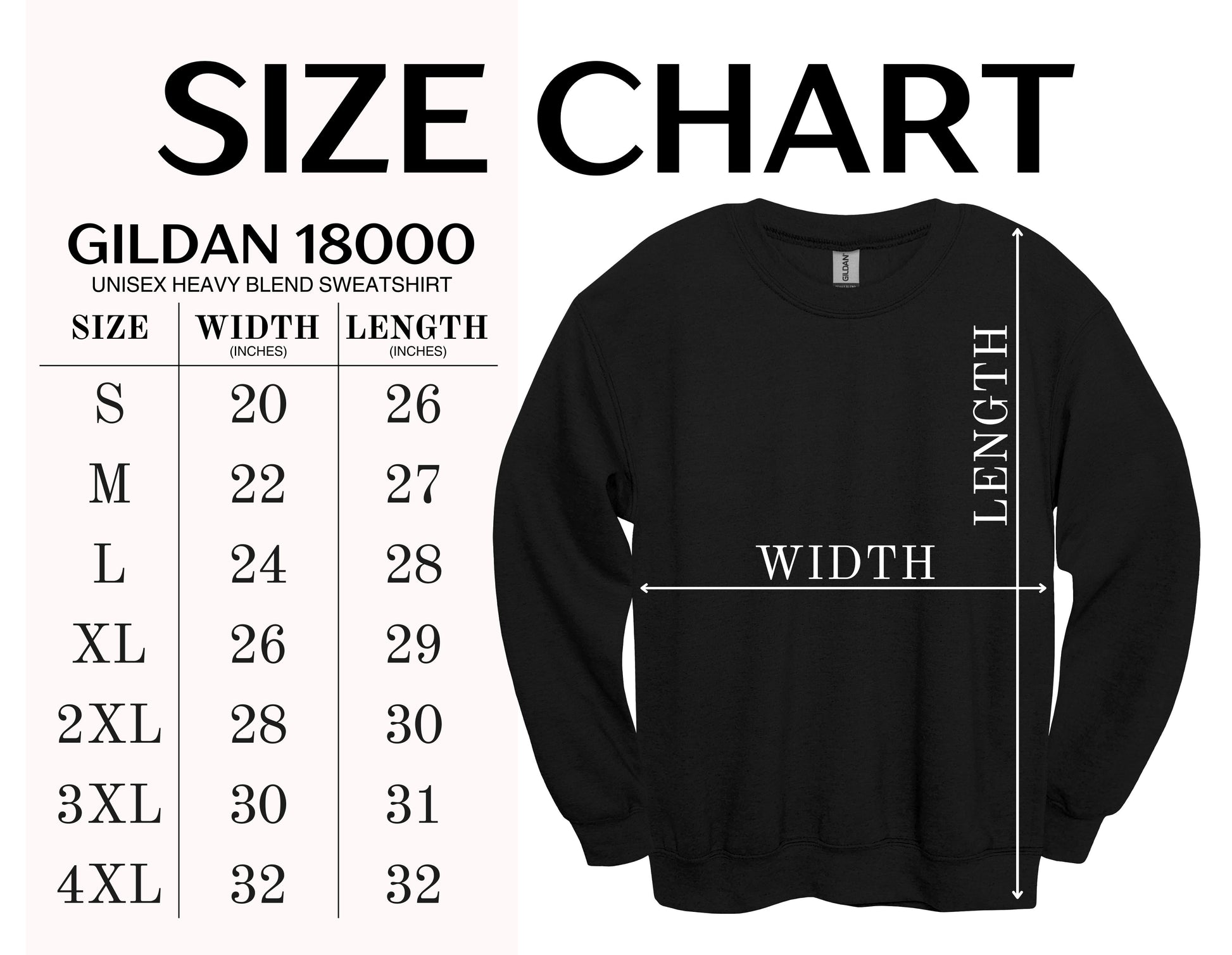 Black sweatshirt with size chart on a white background