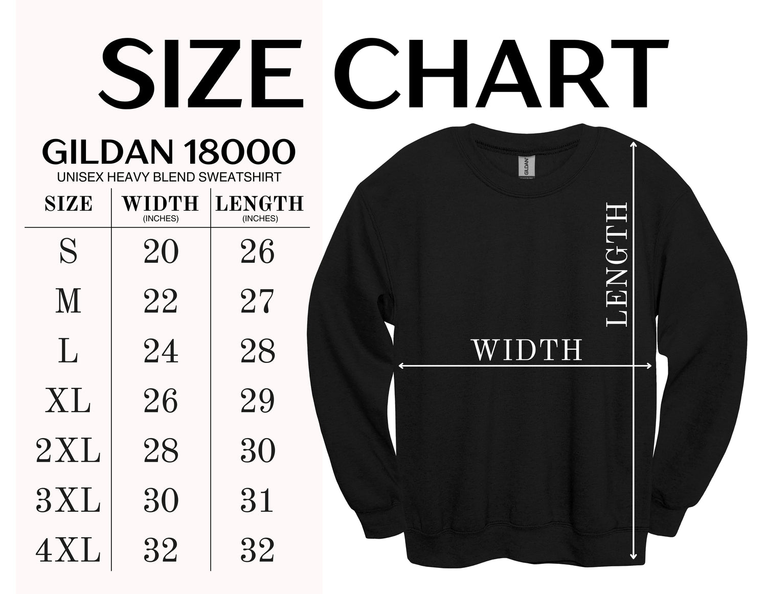 Black sweatshirt with size chart on a white background