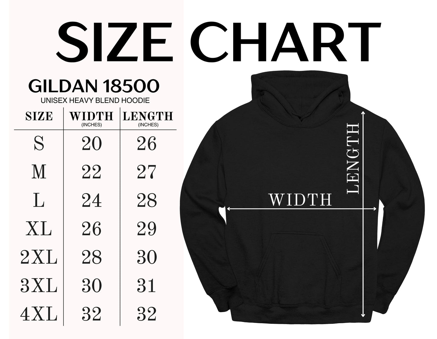 Gildan 18500 hoodie size chart with measurements on a white background