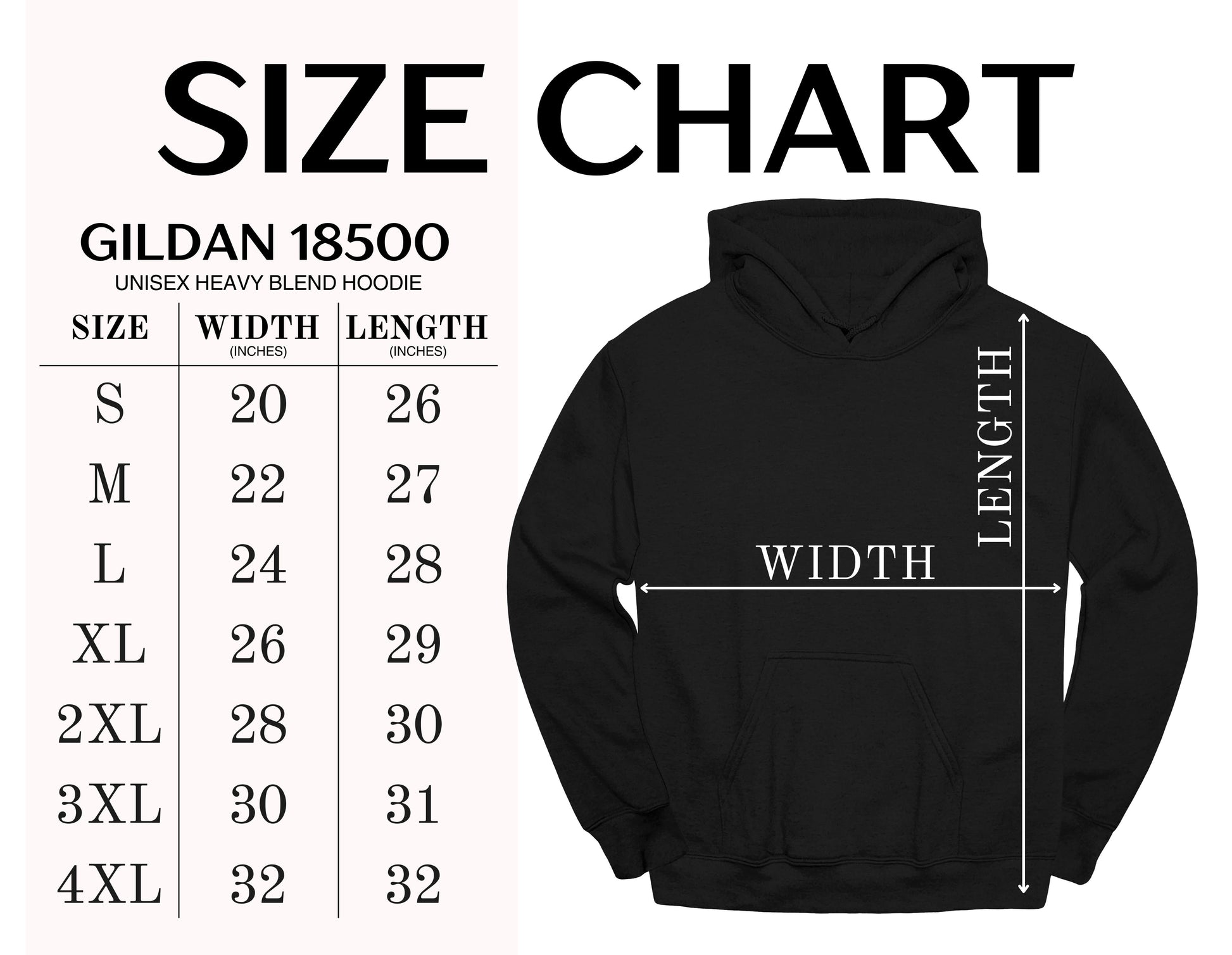Gildan 18500 hoodie size chart with measurements on a white background
