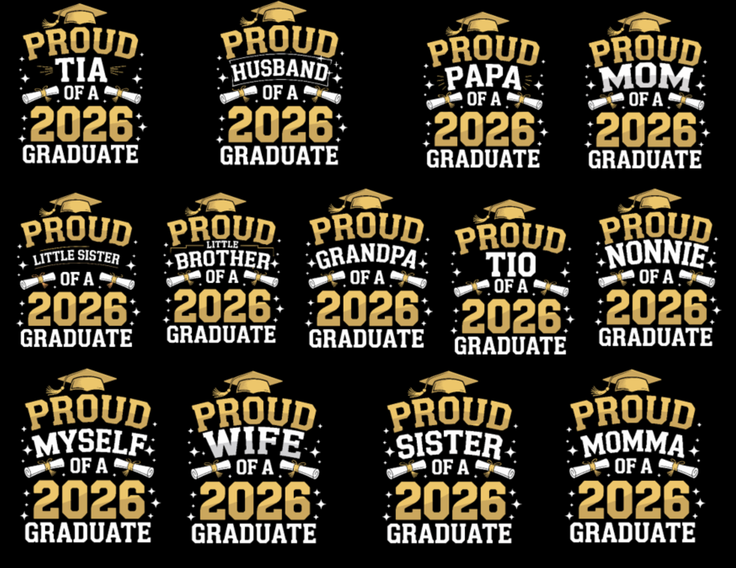 Repeating pattern of 'Proud' family member statements for 2026 graduates on a black background.