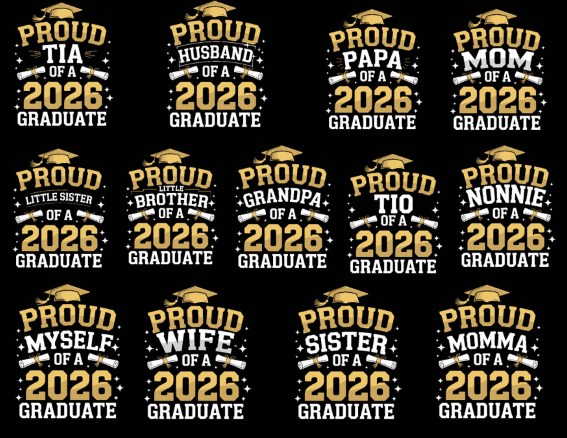 Repeating pattern of 'Proud' family member statements for 2026 graduates on a black background.