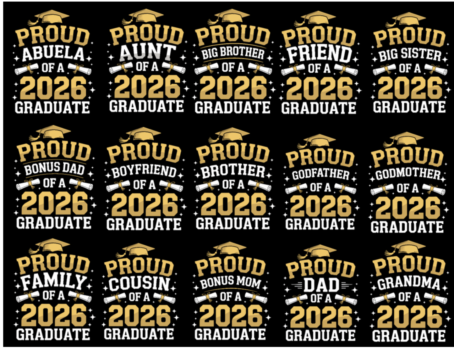 Collection of 'Proud' family roles t-shirts for 2026 graduates on a black background