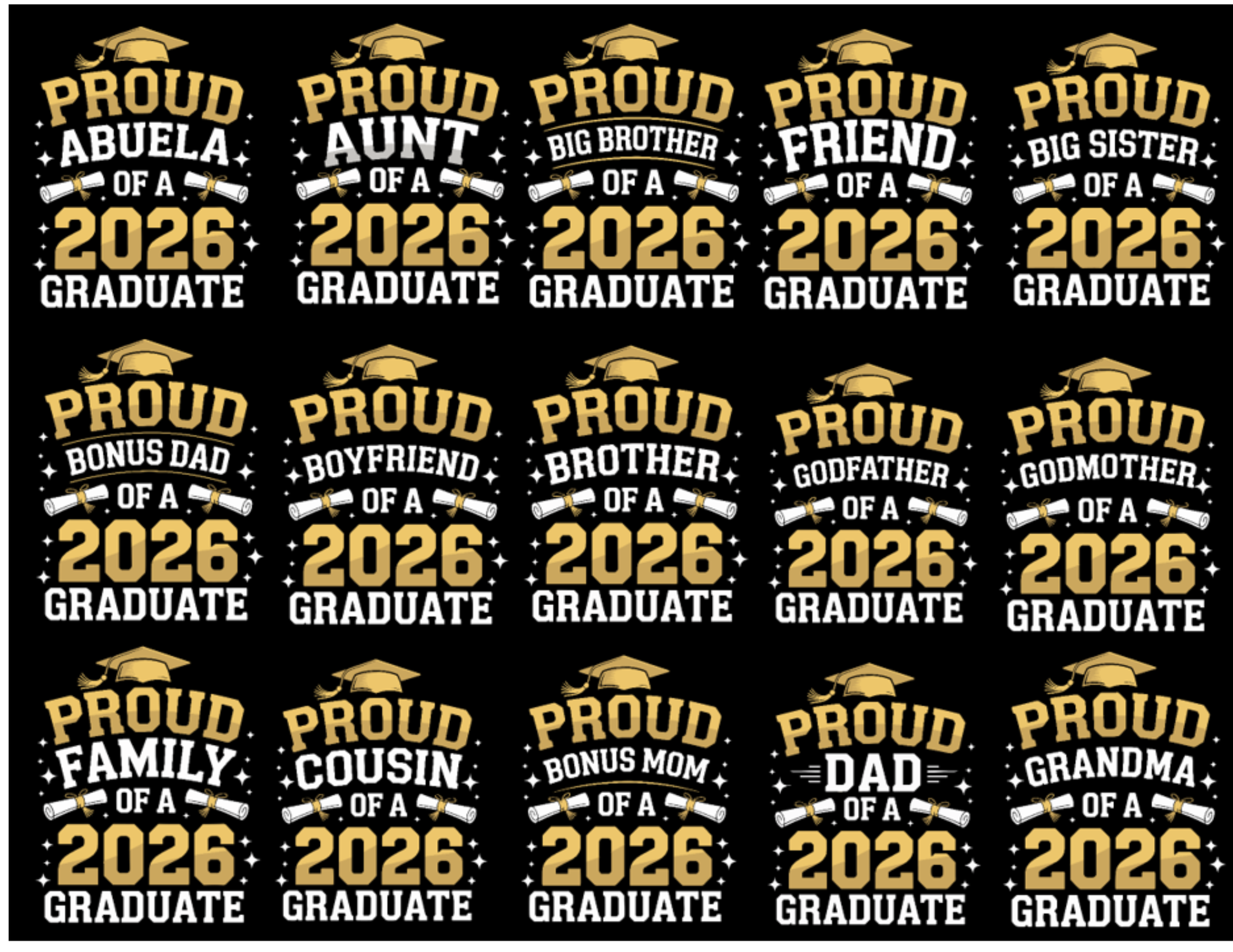 Collection of 'Proud' family roles t-shirts for 2026 graduates on a black background