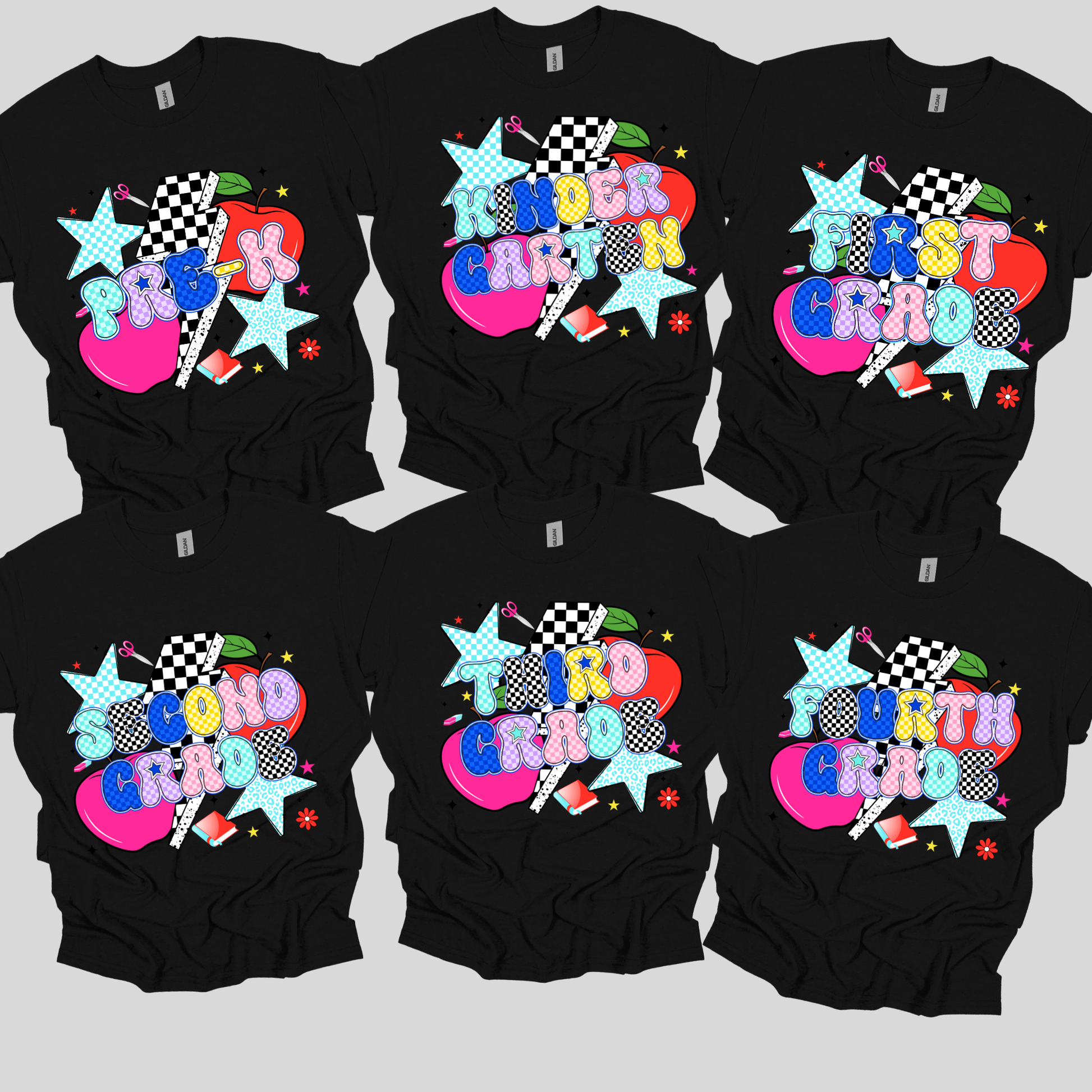 Six black short-sleeve T-shirts arranged in two rows on a light gray background, each printed with colorful grade text: Pre-K, Kinder, First, Second, Third, and Fourth.