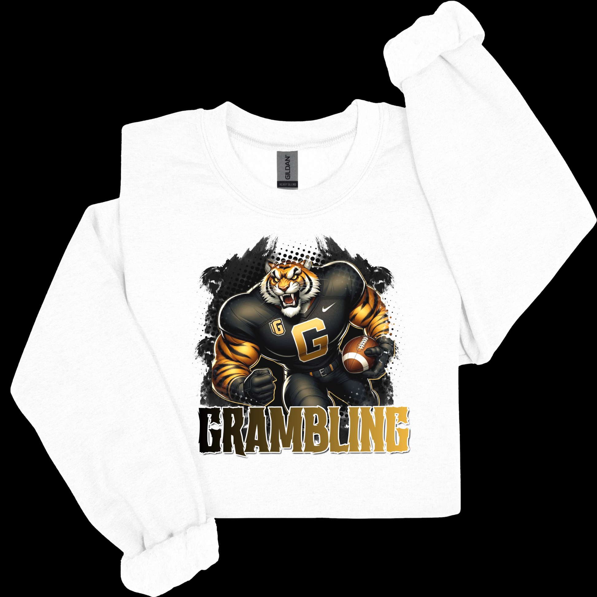White long-sleeve shirt with a tiger graphic and 'Grambling' text on a black background