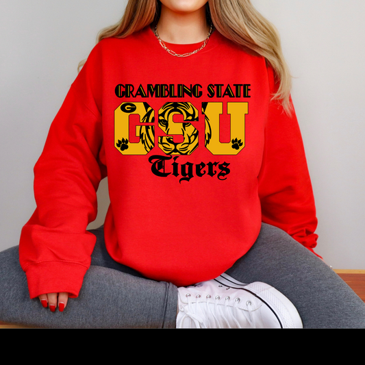 Red sweatshirt with 'Gambler State CSU Tigers' text and logo  GSU Tigers Sweatshirt: HBCU Game Day Football Cozy Sweater