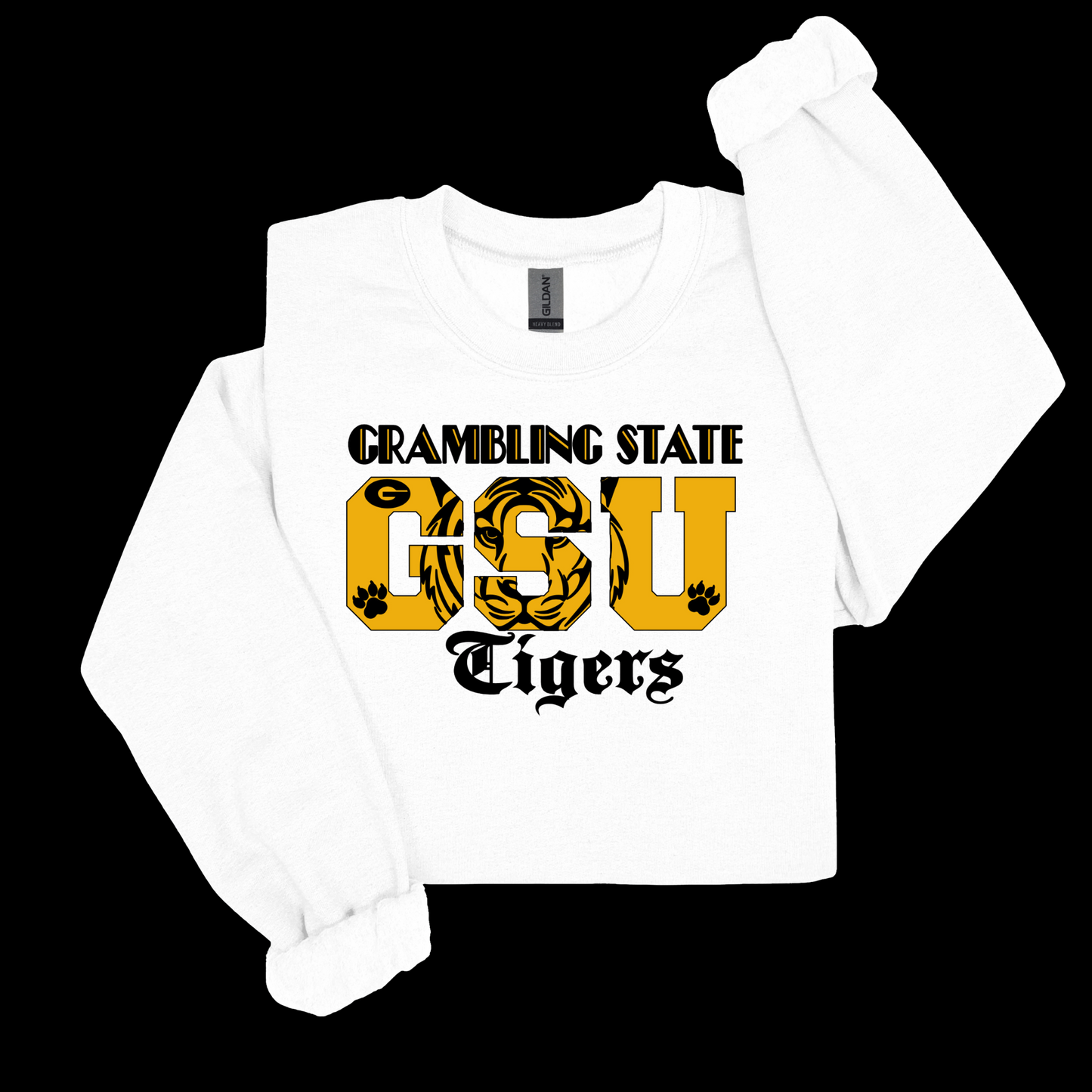 White long-sleeve shirt with 'Grambling State GSU Tigers' text design on a black background  GSU Tigers Sweatshirt: HBCU Game Day Football Cozy Sweater