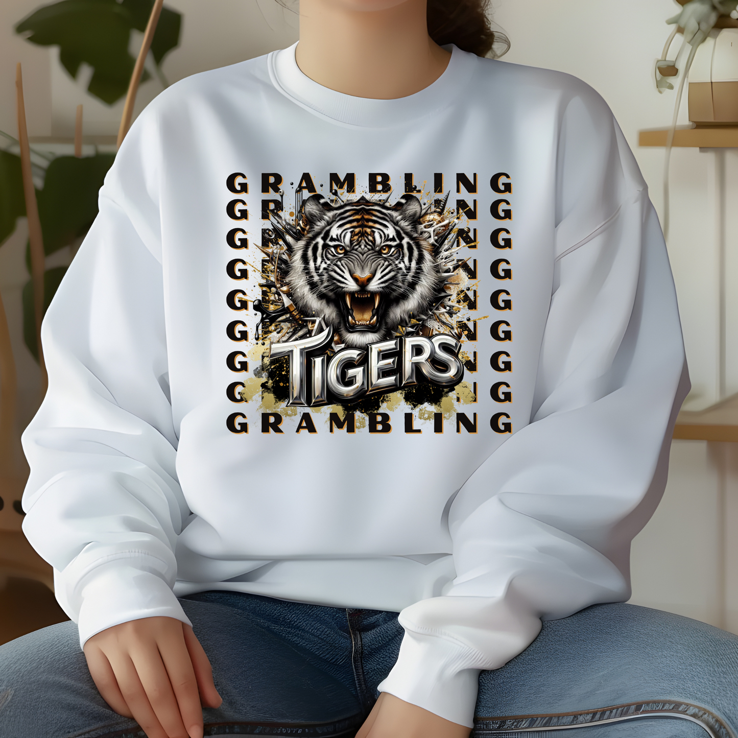 Grambling State University Black & Gold Tigers GSU White Crewneck Sweater Tshirt