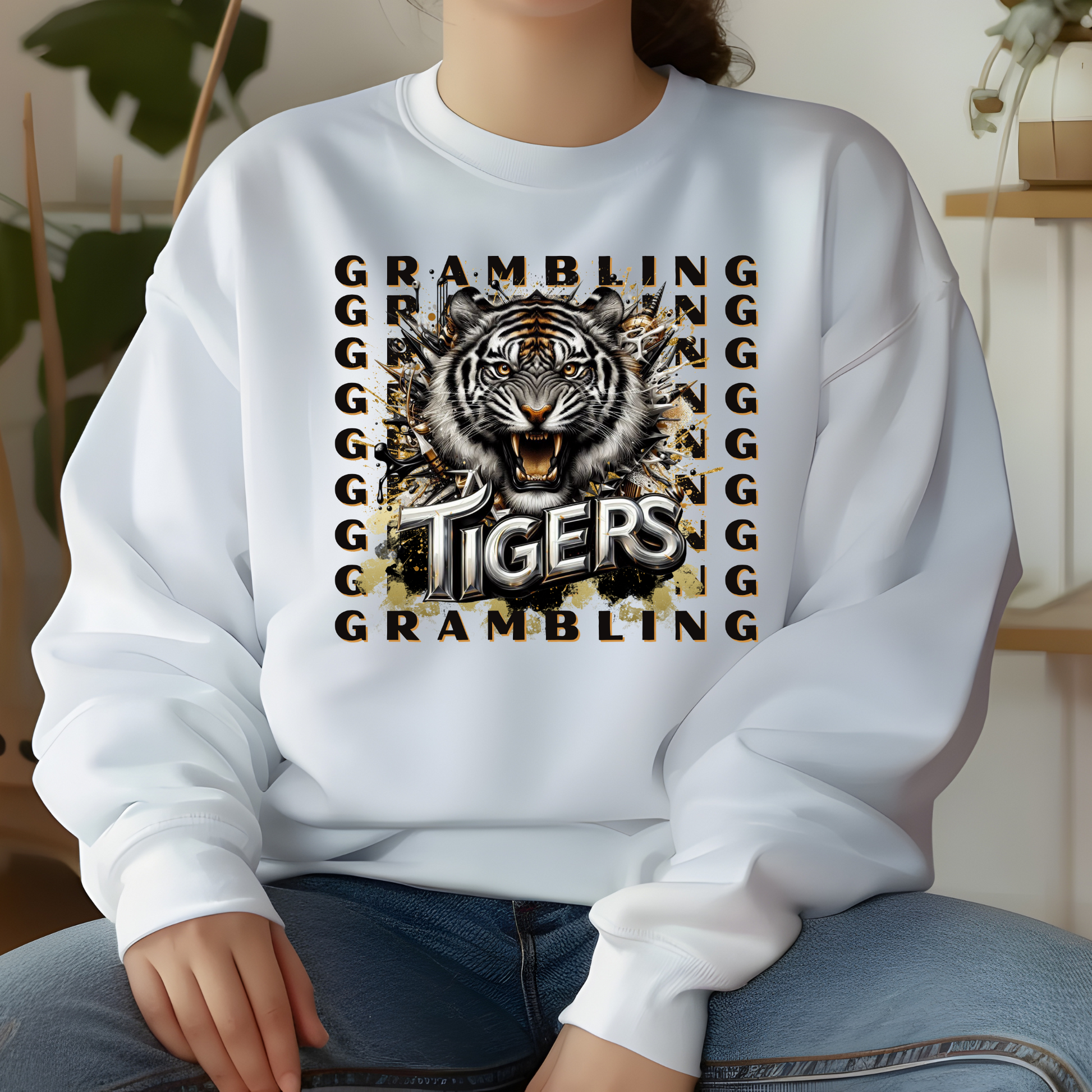 Grambling State University Black & Gold Tigers GSU White Crewneck Sweater Tshirt