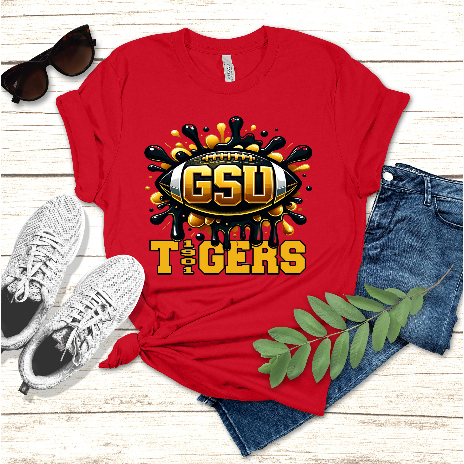Women with red grambling Tigers University Tshirt GSU Grambling State University Tiger 1901 White Bella Canvas shirt 