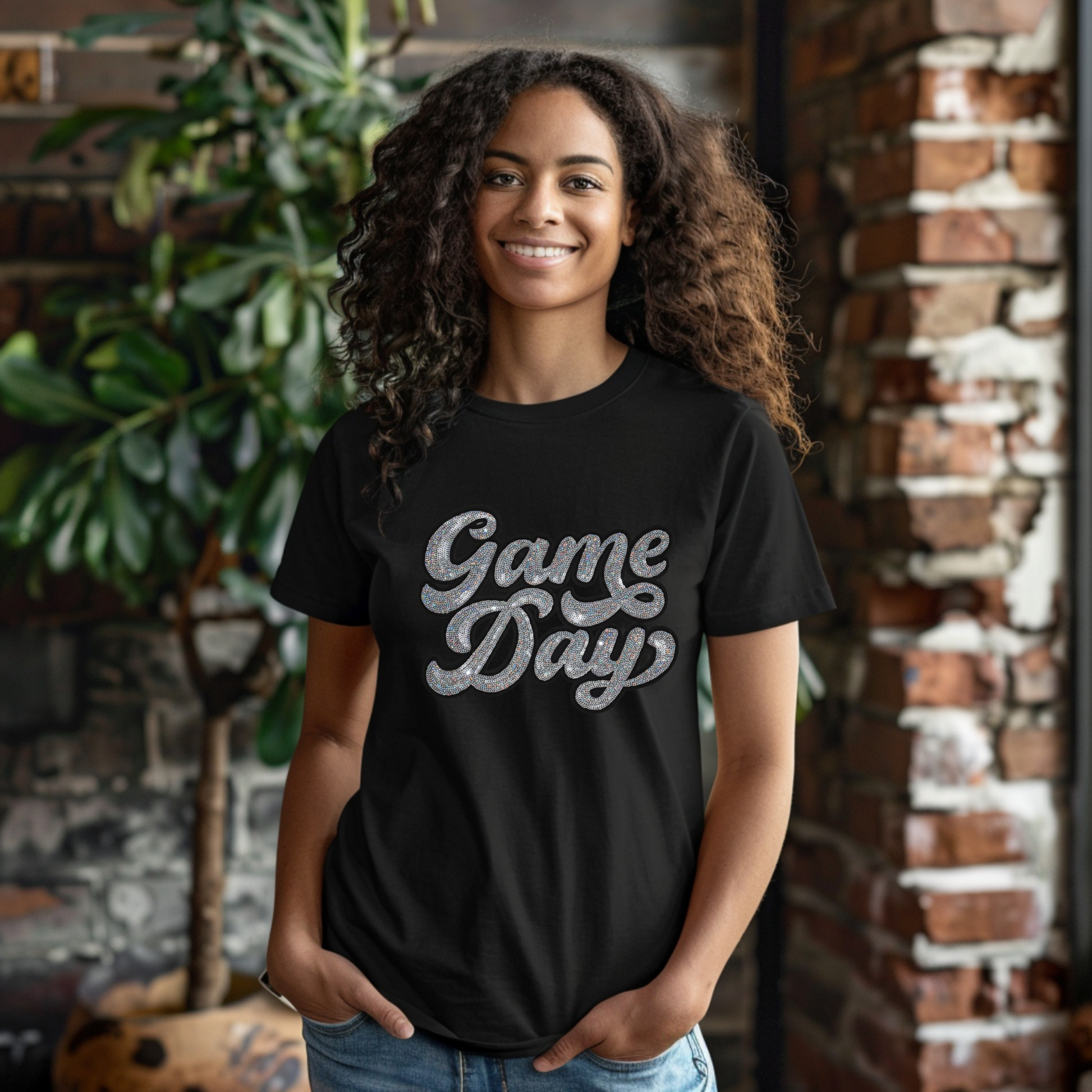 Woman wearing a black 'Game Day' t-shirt standing in front of a brick wall.