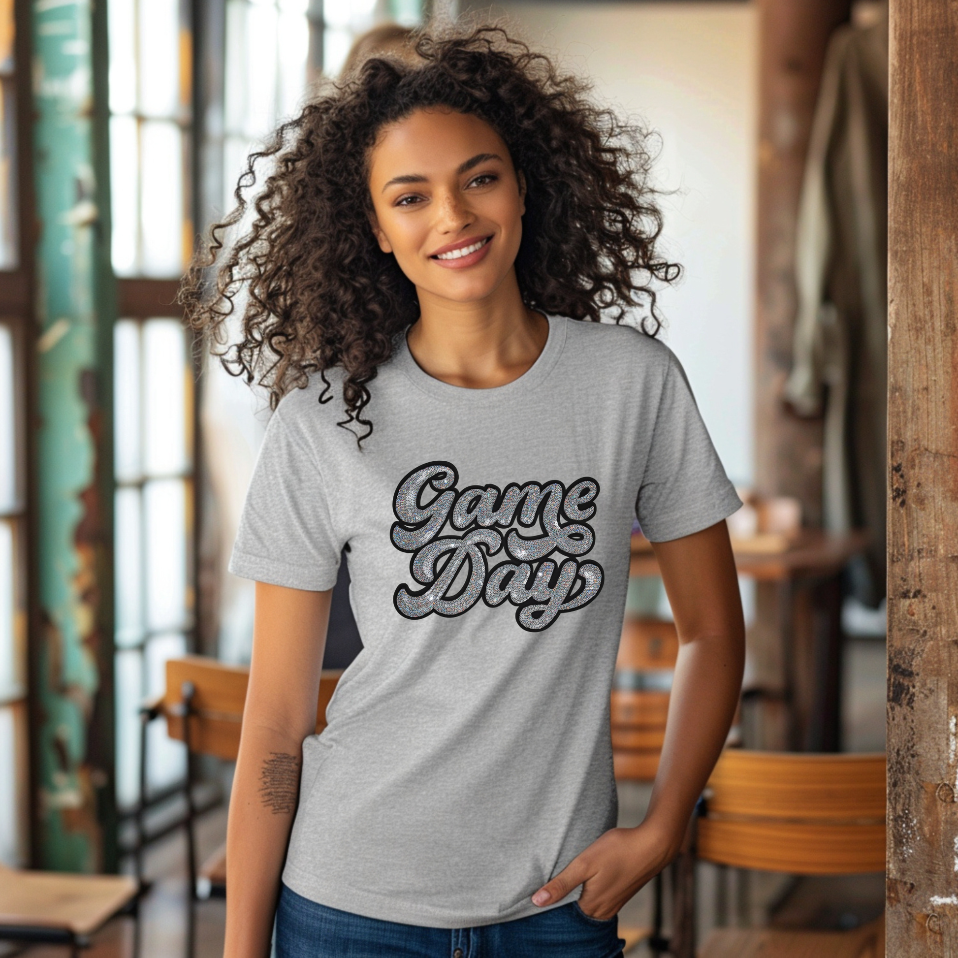Woman wearing a gray t-shirt with 'Game Day' text in a casual setting