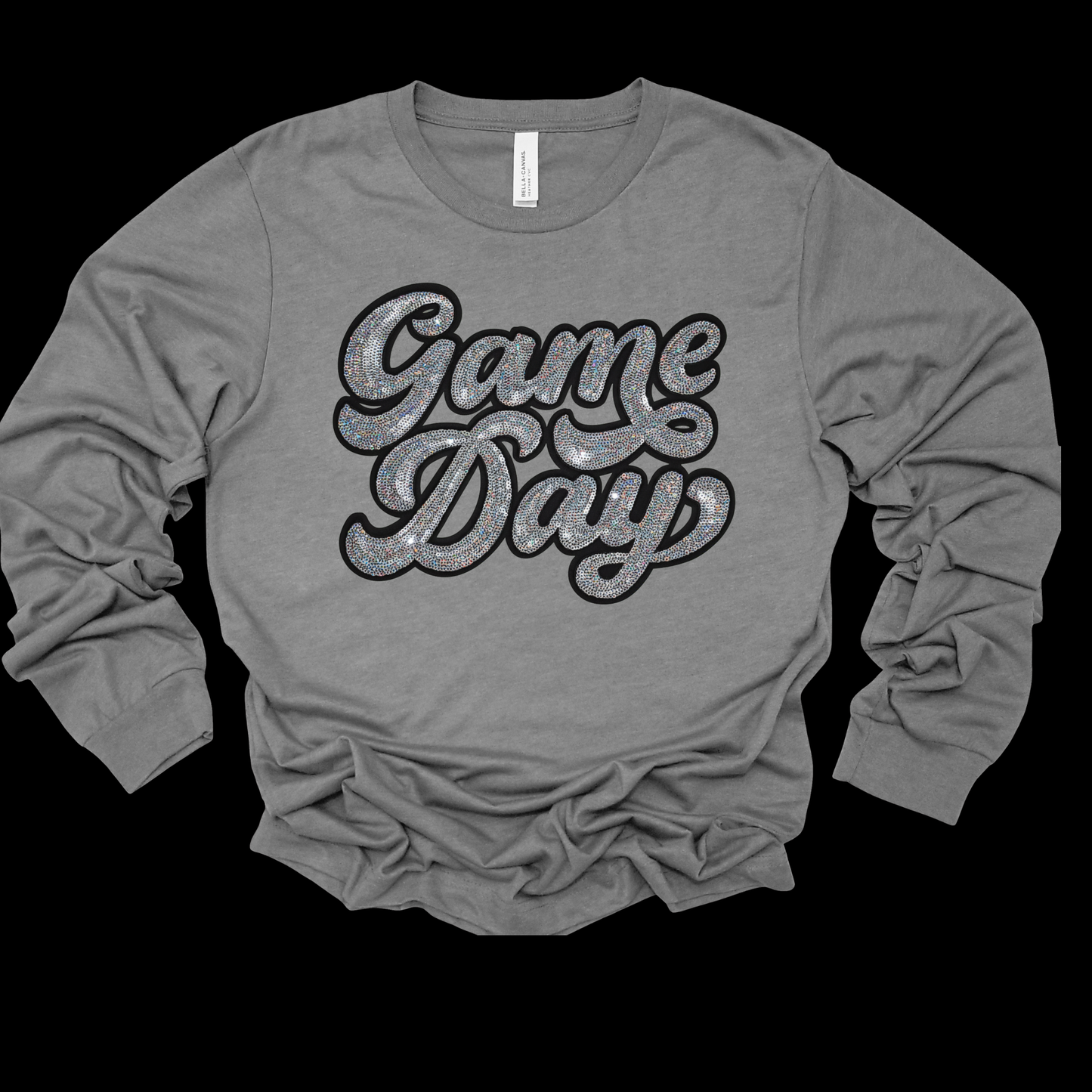 Gray long-sleeve shirt with 'Game Day' text on a black background