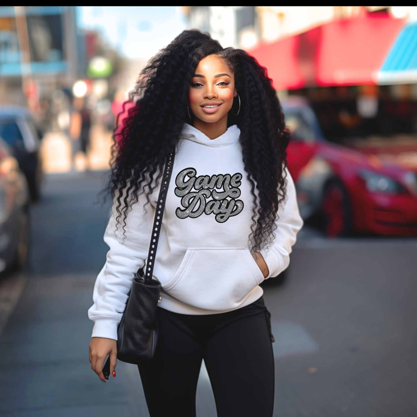 Woman wearing a white hoodie with 'Game Day' text on a city street.