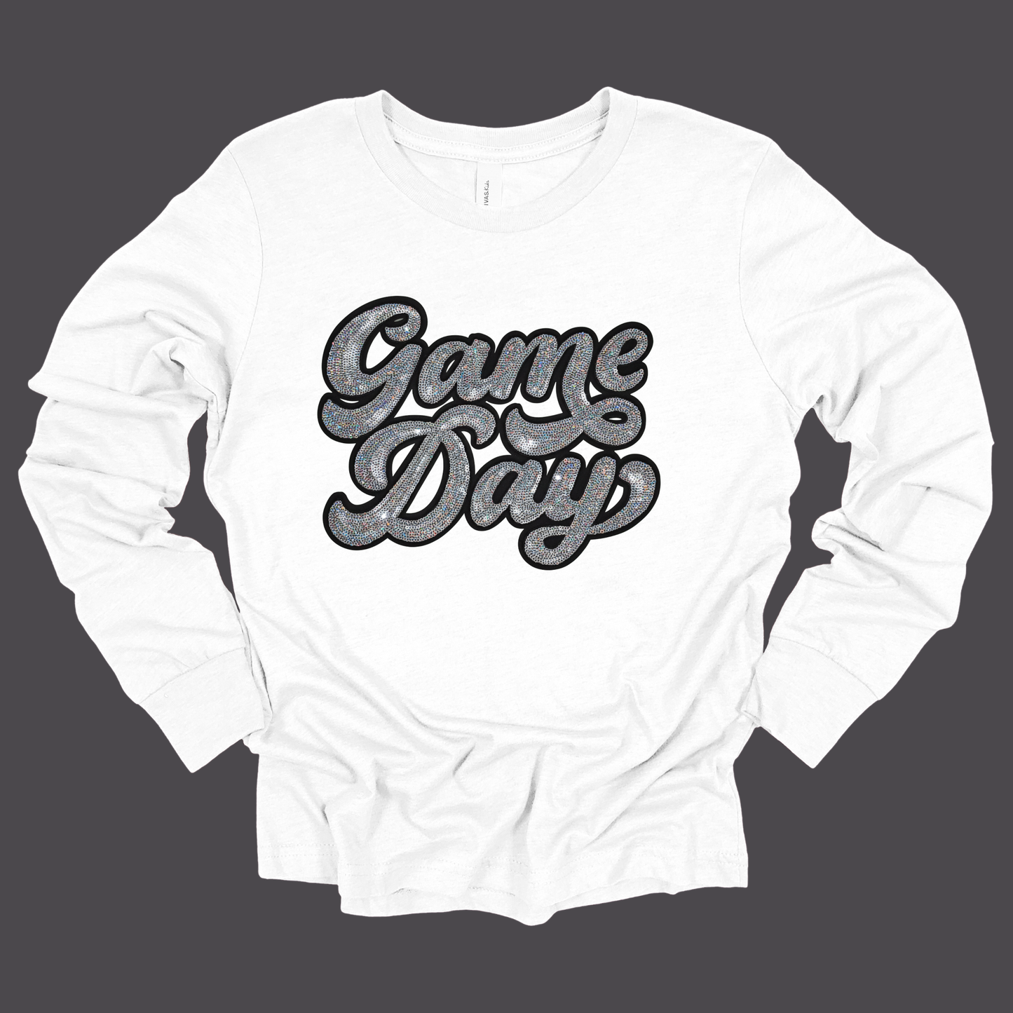 White long-sleeve shirt with 'Game Day' text on a black background