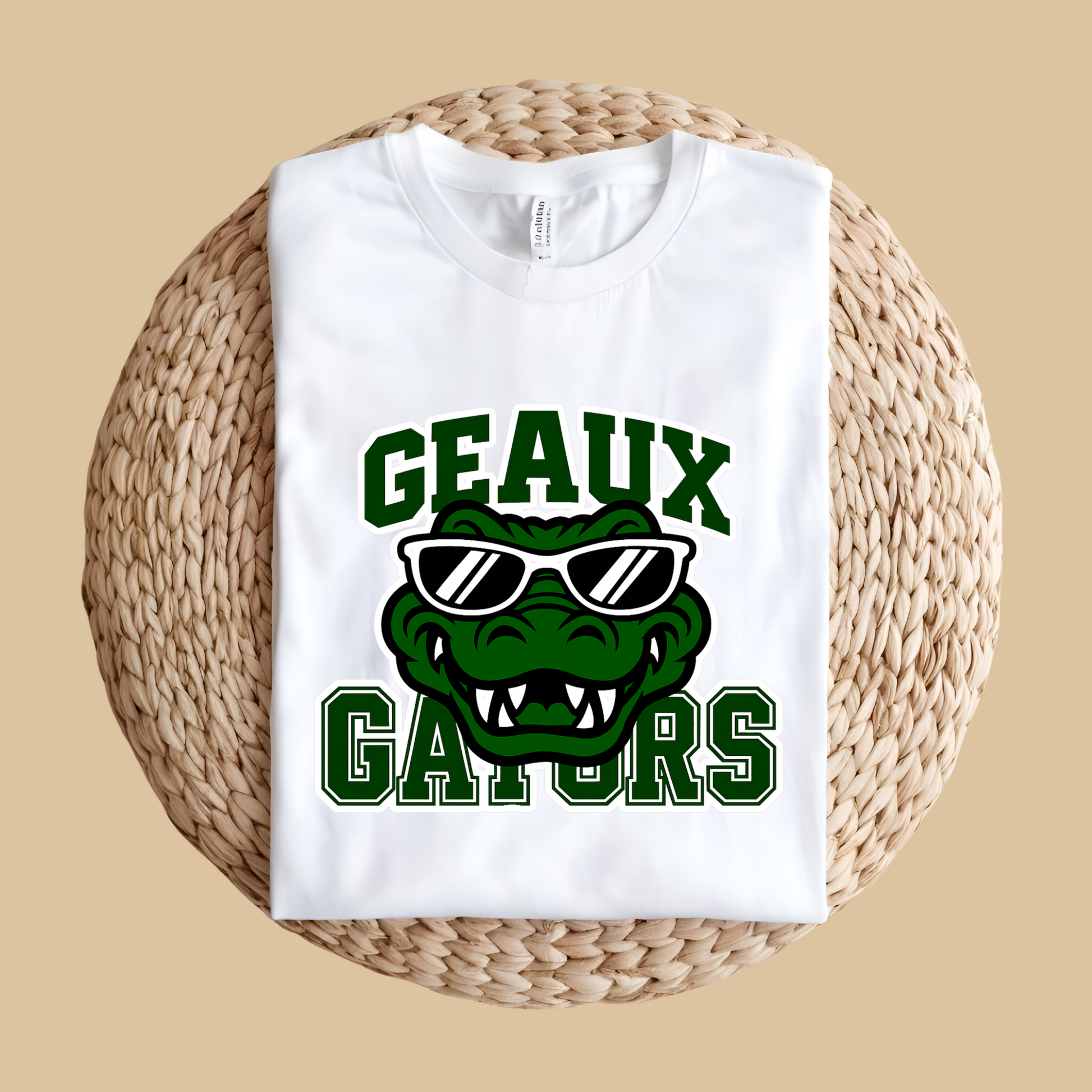 White sweatshirt with 'Geaux Gators' design featuring an alligator wearing sunglasses on a woven surface. Gators Mascot Shirt - Geaux Gators Game Day Mascot Shirt