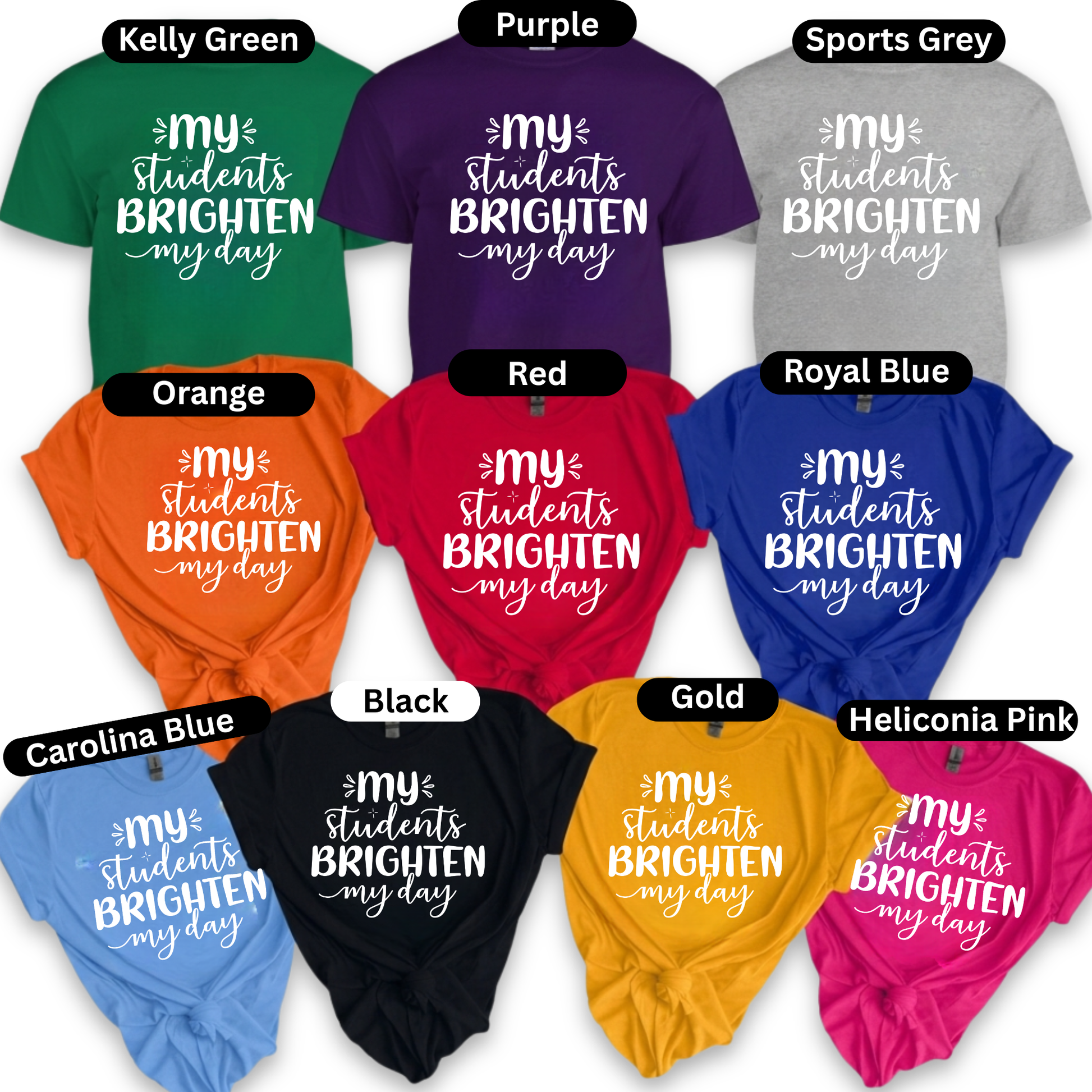 A collage showing multiple color options of a short-sleeve t-shirt with a colorful 'FIRST Grade' graphic on the front. The shirts are shown in green, purple, grey, orange, red, royal blue, Carolina blue, black, gold, and heliconia pink, each labeled with its color name at the top.