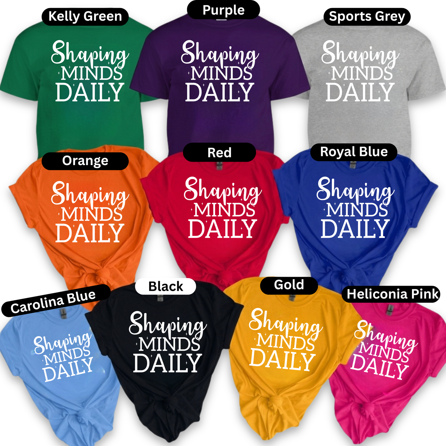 A collage showing multiple color options of a short-sleeve t-shirt with a colorful 'FIRST Grade' graphic on the front. The shirts are shown in green, purple, grey, orange, red, royal blue, Carolina blue, black, gold, and heliconia pink, each labeled with its color name at the top.