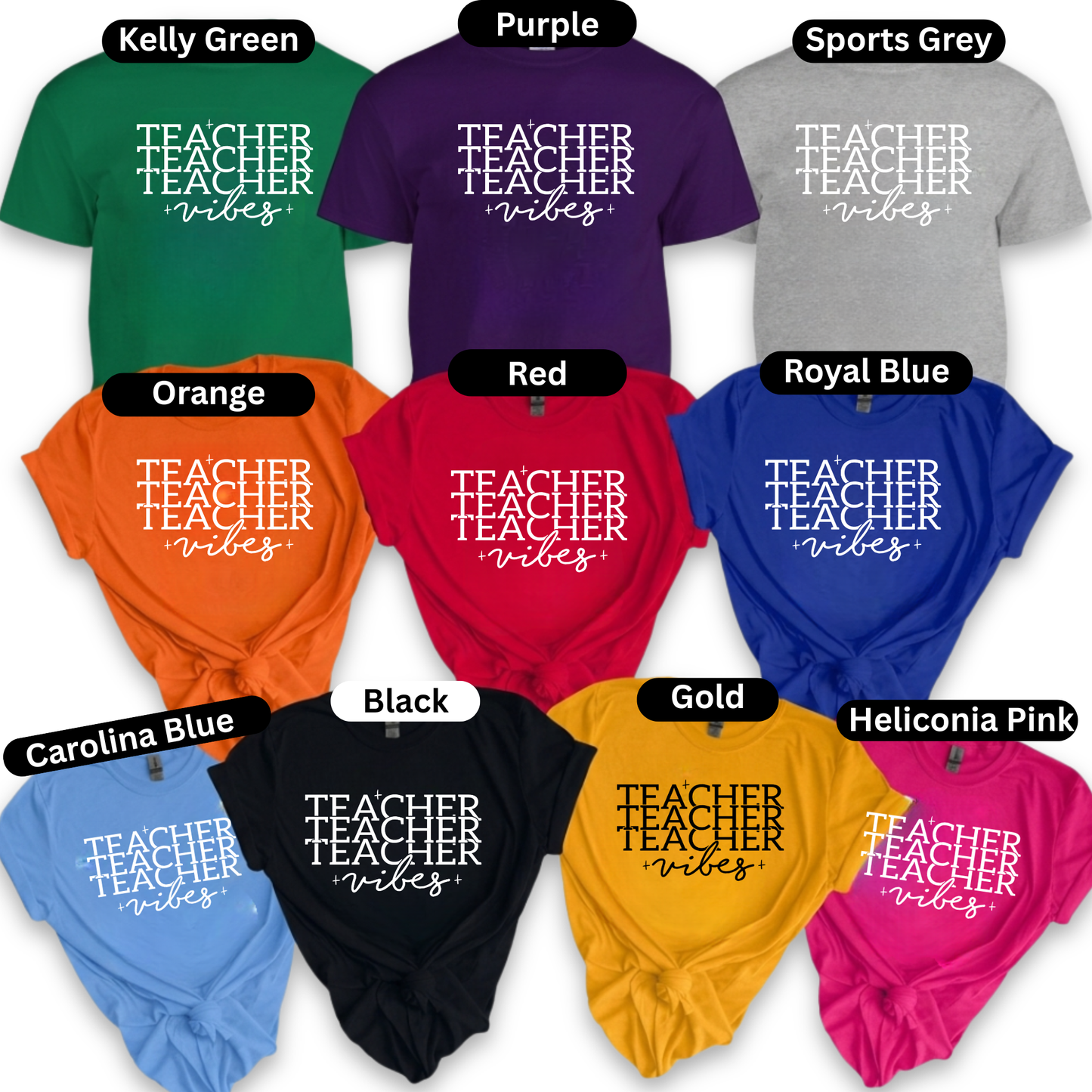 A collage showing multiple color options of a short-sleeve graphic T-shirt. Each shirt has the phrase 'Shaping MINDS DAILY' printed in white across the front, with a black label above indicating the color name such as Kelly Green, Purple, Sports Grey, Orange, Red, Royal Blue, Carolina Blue, Black, Gold, and Heliconia Pink.