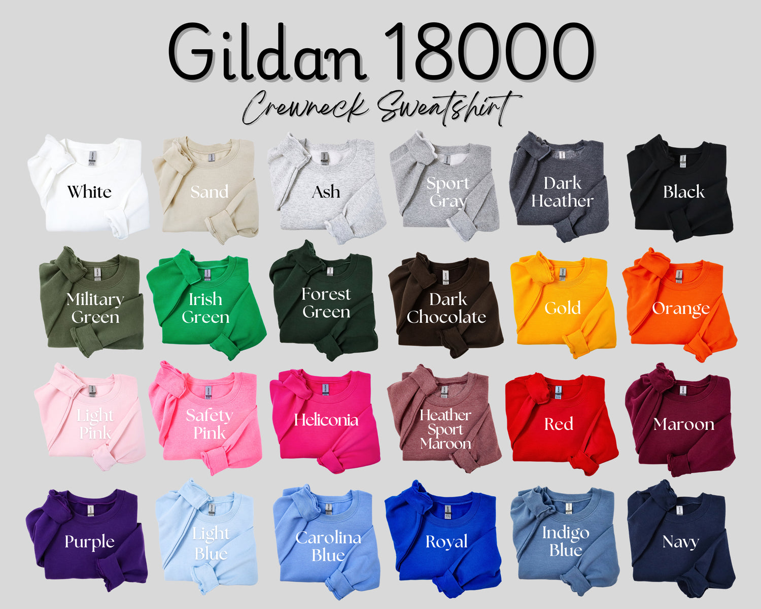 Collection of Gildan 18000 sweatshirts in various colors on a gray background