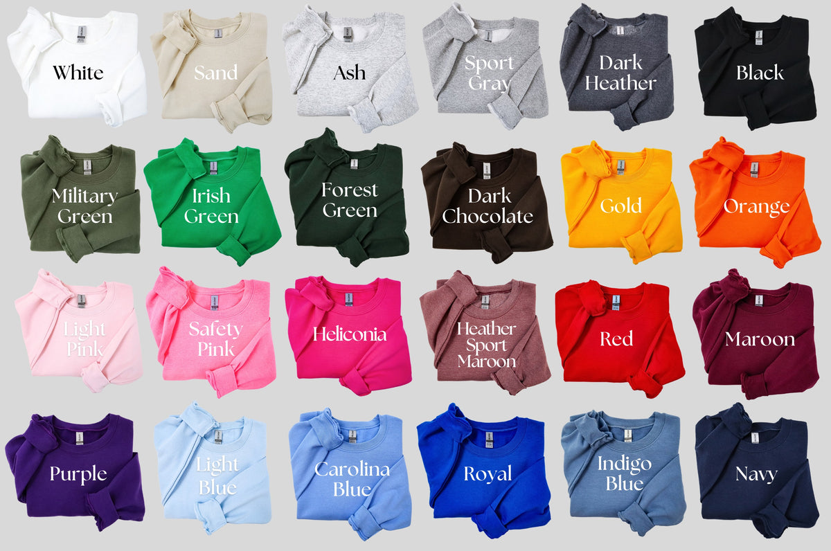 Collection of sweatshirts in various colors with color names printed on them.