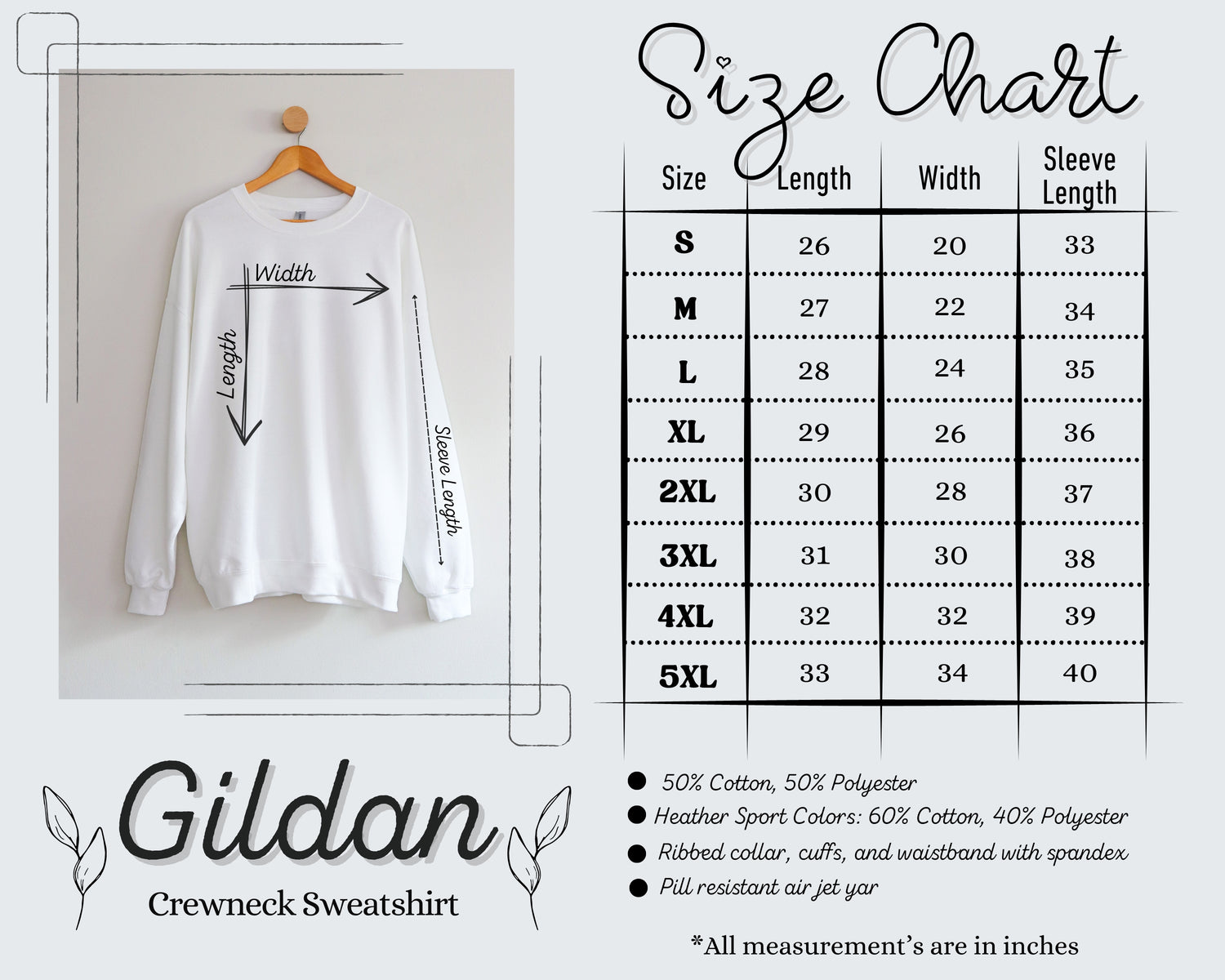Gildan crewneck sweatshirt size chart with measurements and Gildan branding.
