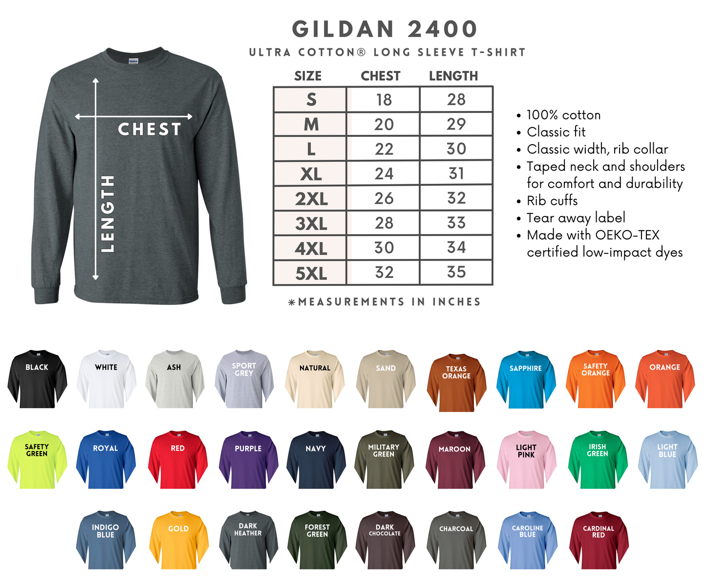 Gildan 2400 long sleeve t-shirt size chart with color options.
