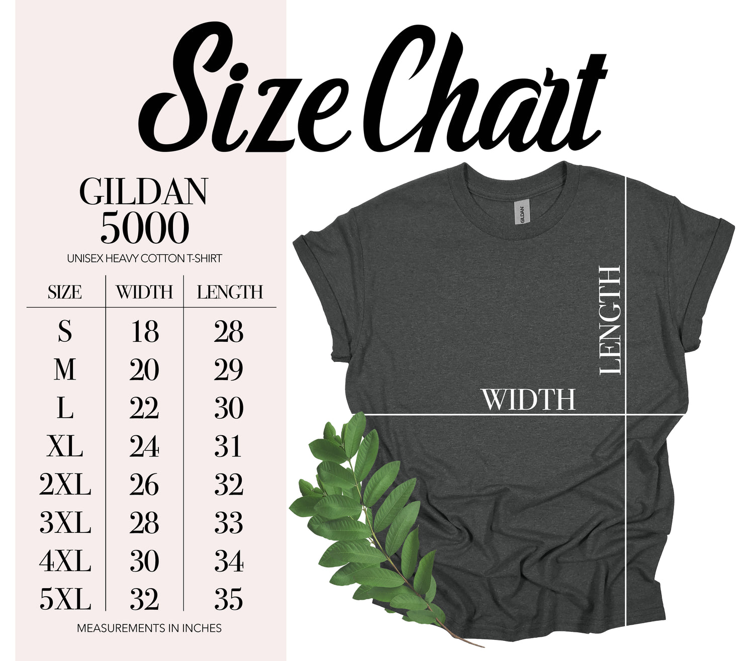 Gildan 5000 t-shirt size chart with a dark gray t-shirt and green leaves.