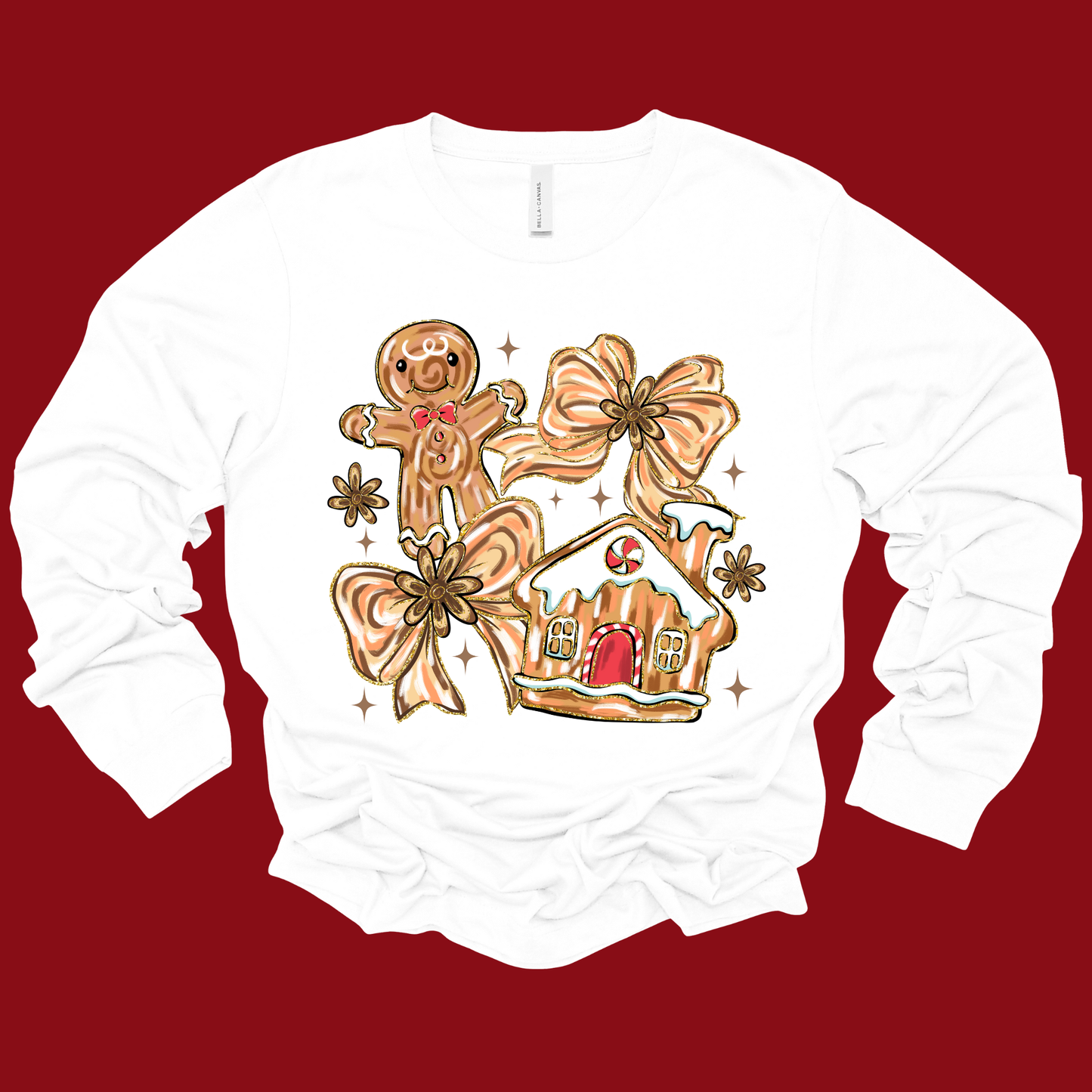 White long-sleeve shirt with gingerbread man and house design on a red background