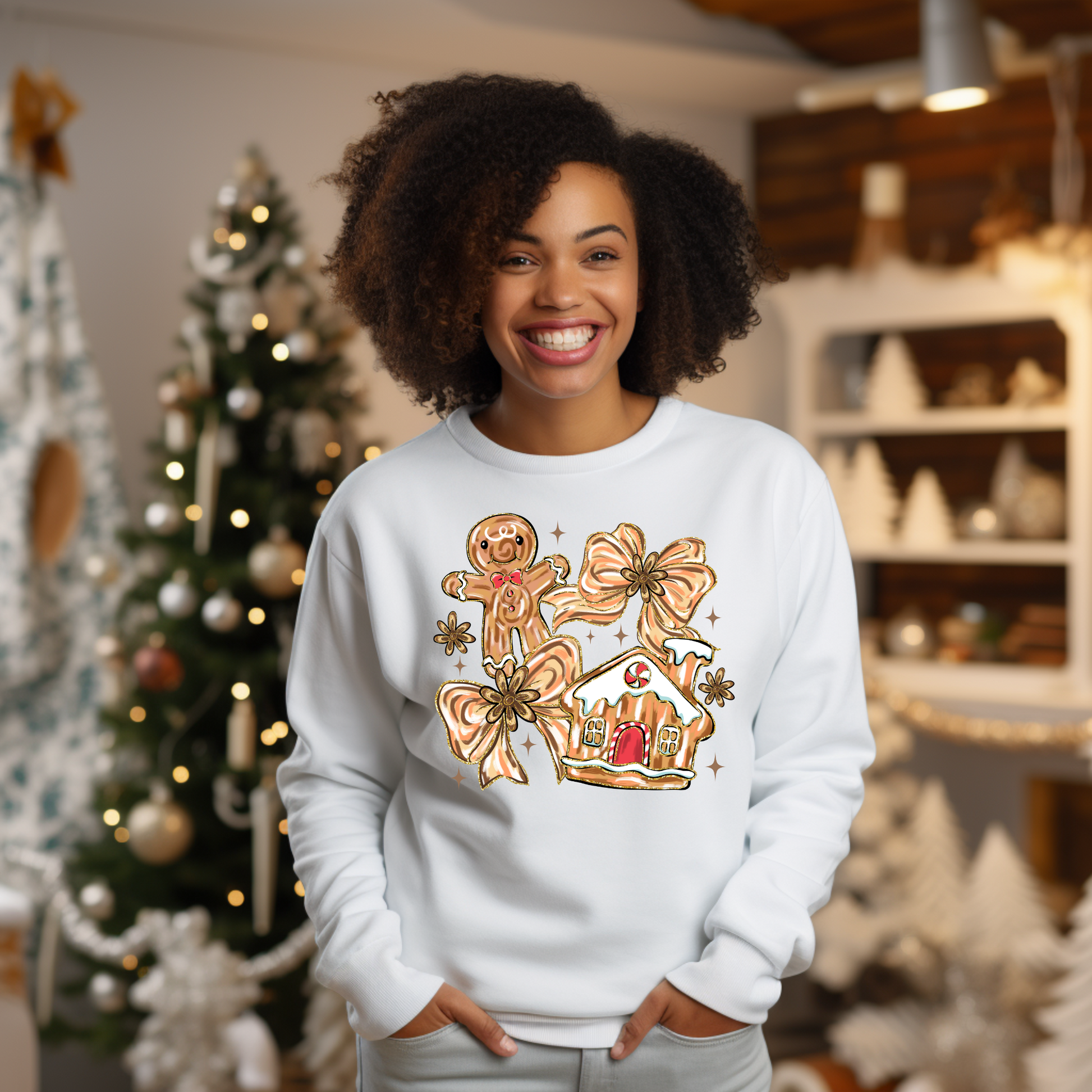 Person wearing a white sweatshirt with gingerbread-themed design in a festive indoor setting.