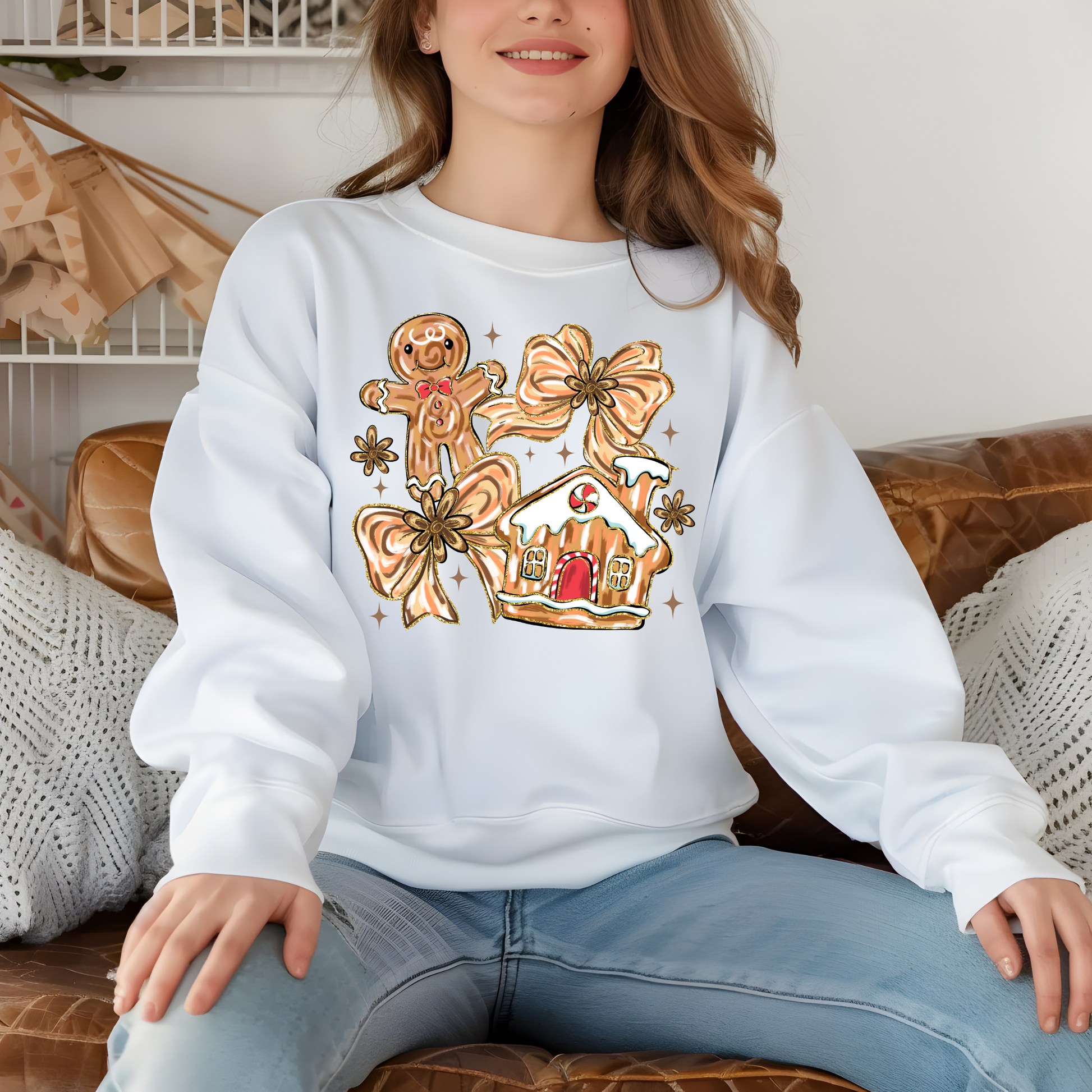 Person wearing a white sweatshirt with gingerbread house design sitting on a couch.