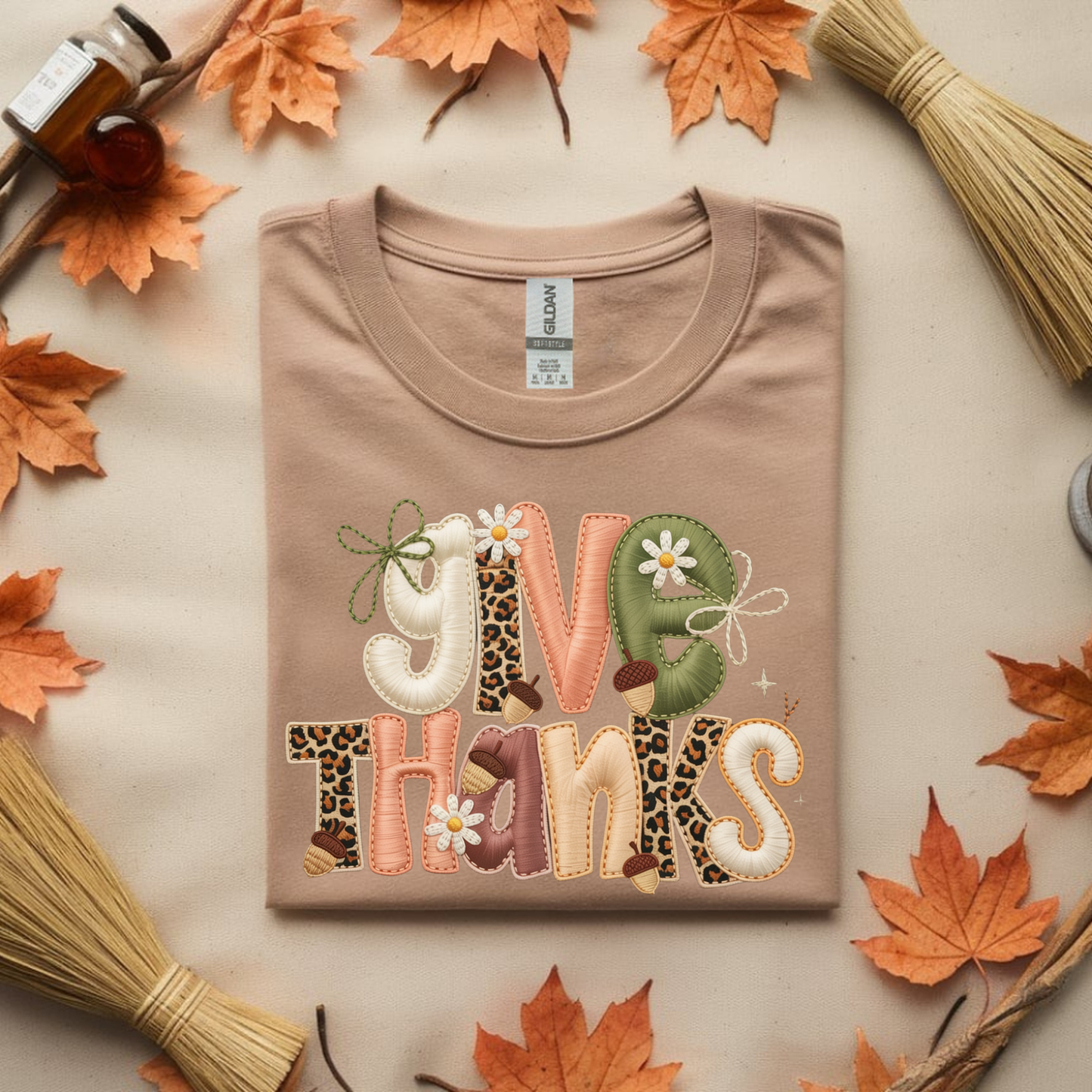 Give Thanks Fall Thanksgiving Cute Sweater - Faux Yarn Cute & Cozy Autumn Sweatshirt