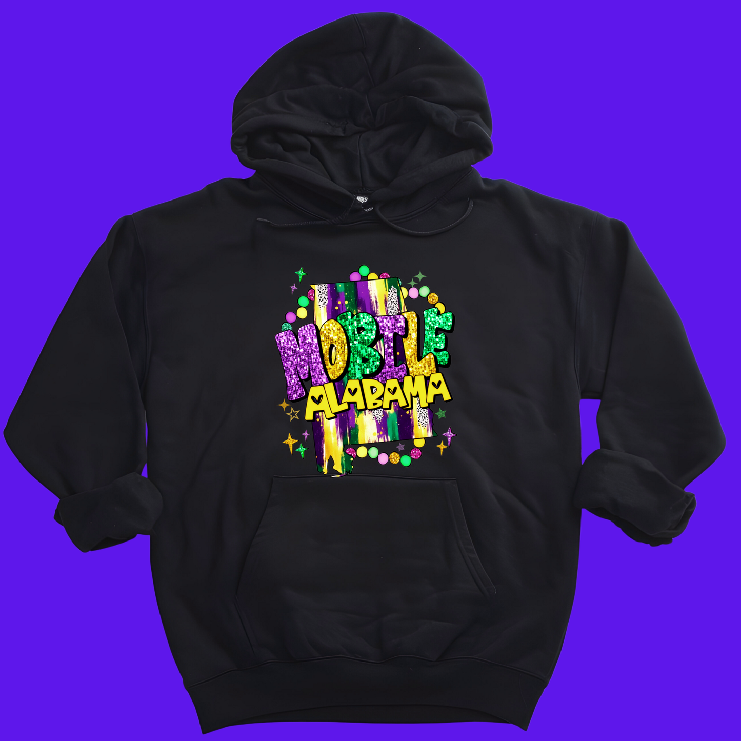 Black hoodie with colorful 'Hobiz Alabama' text design on a purple background