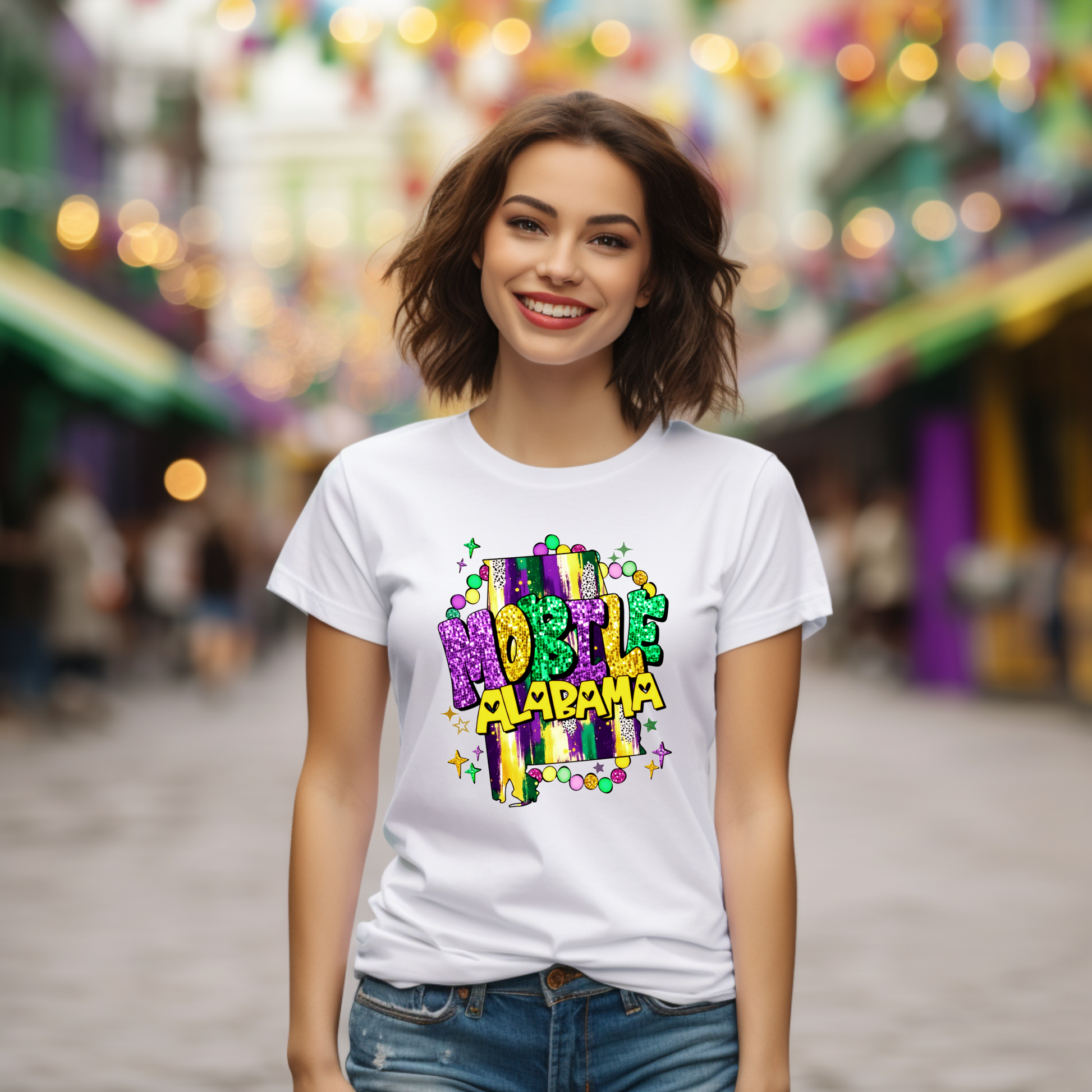 Woman wearing a white t-shirt with 'Mardi Gras Alabama' design in a festive setting.