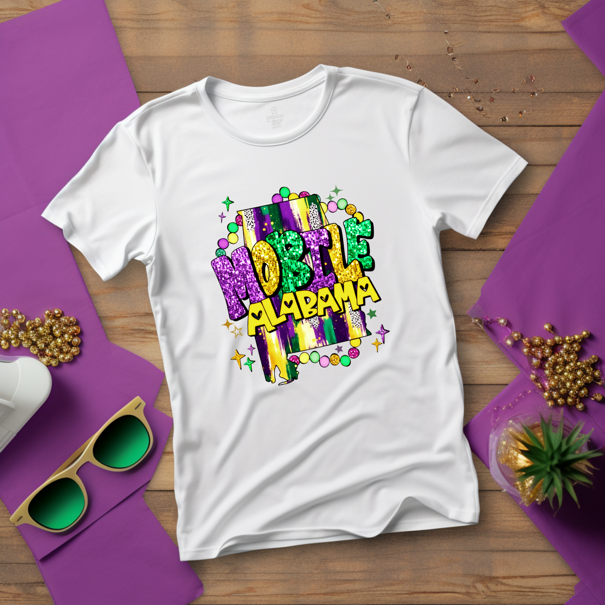 White t-shirt with colorful 'Dixie Delight Alabama' design on a wooden surface with decorative items.