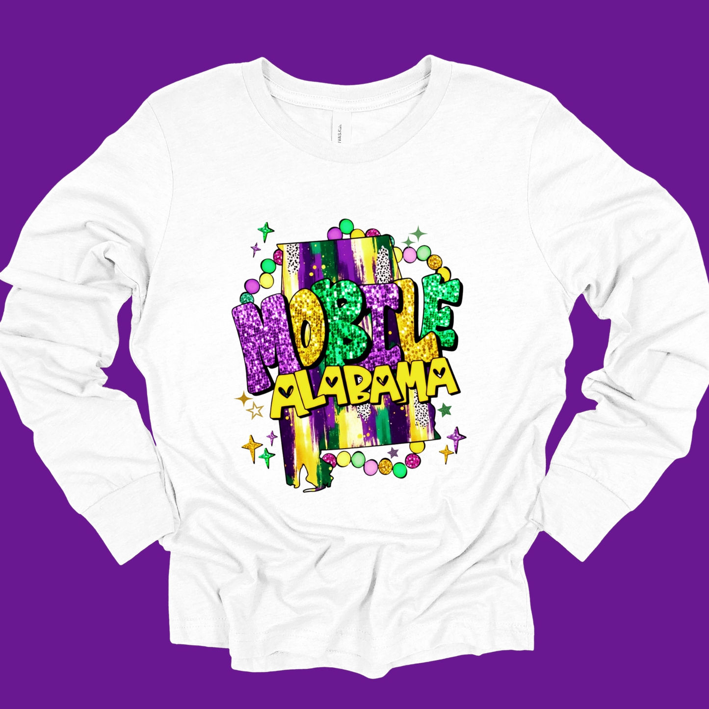 White long-sleeve shirt with colorful 'Noble Alabama' design on a purple background