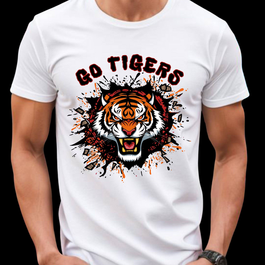 White t-shirt with a tiger graphic and 'GO TIGERS' text on a black background  Go Tigers Bold Mascot Tee – Unleash Your School Spirit