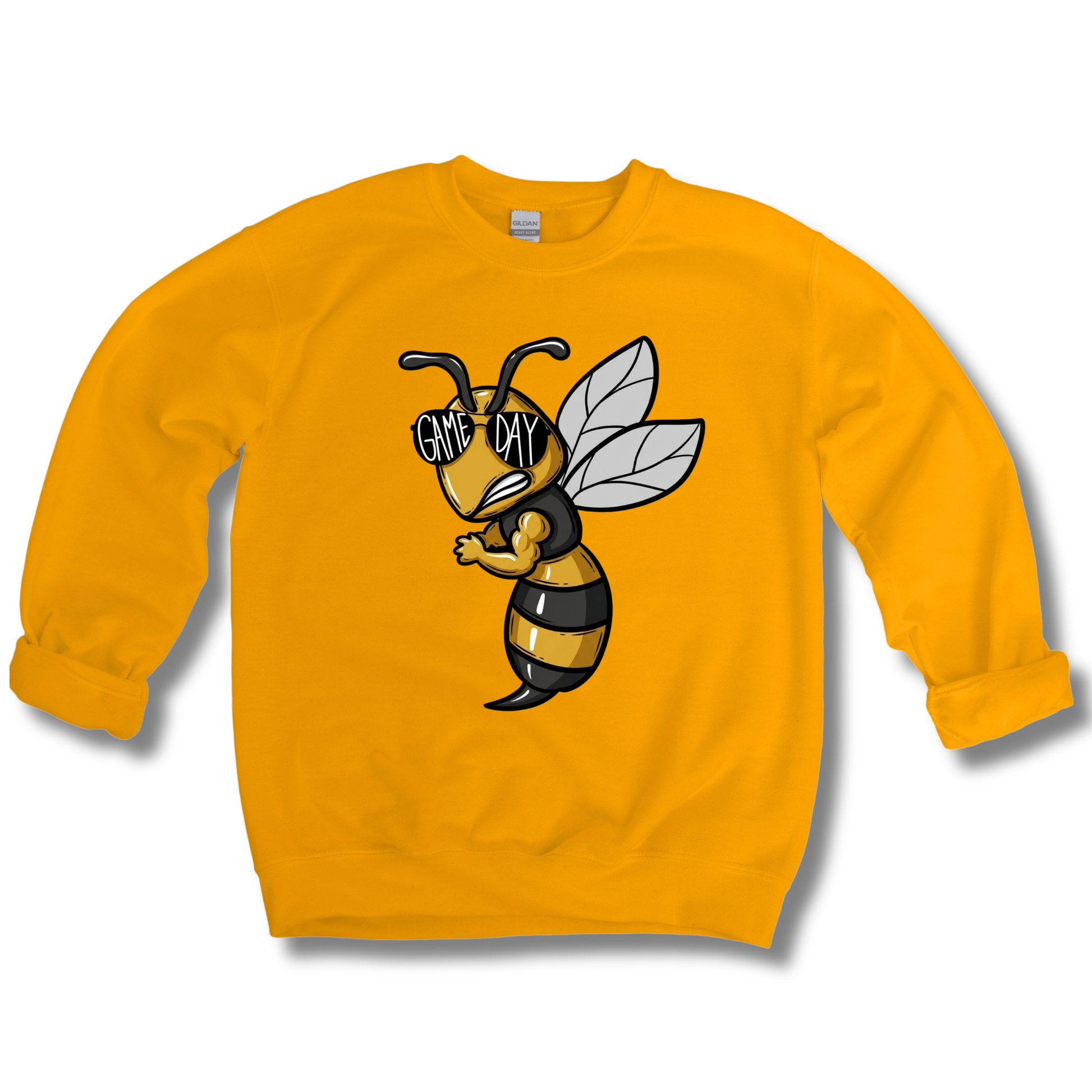 A gold crewneck sweatshirt featuring a large graphic of a bee inside a black letter 'J' with the word 'JACKETS' printed below in black and white.