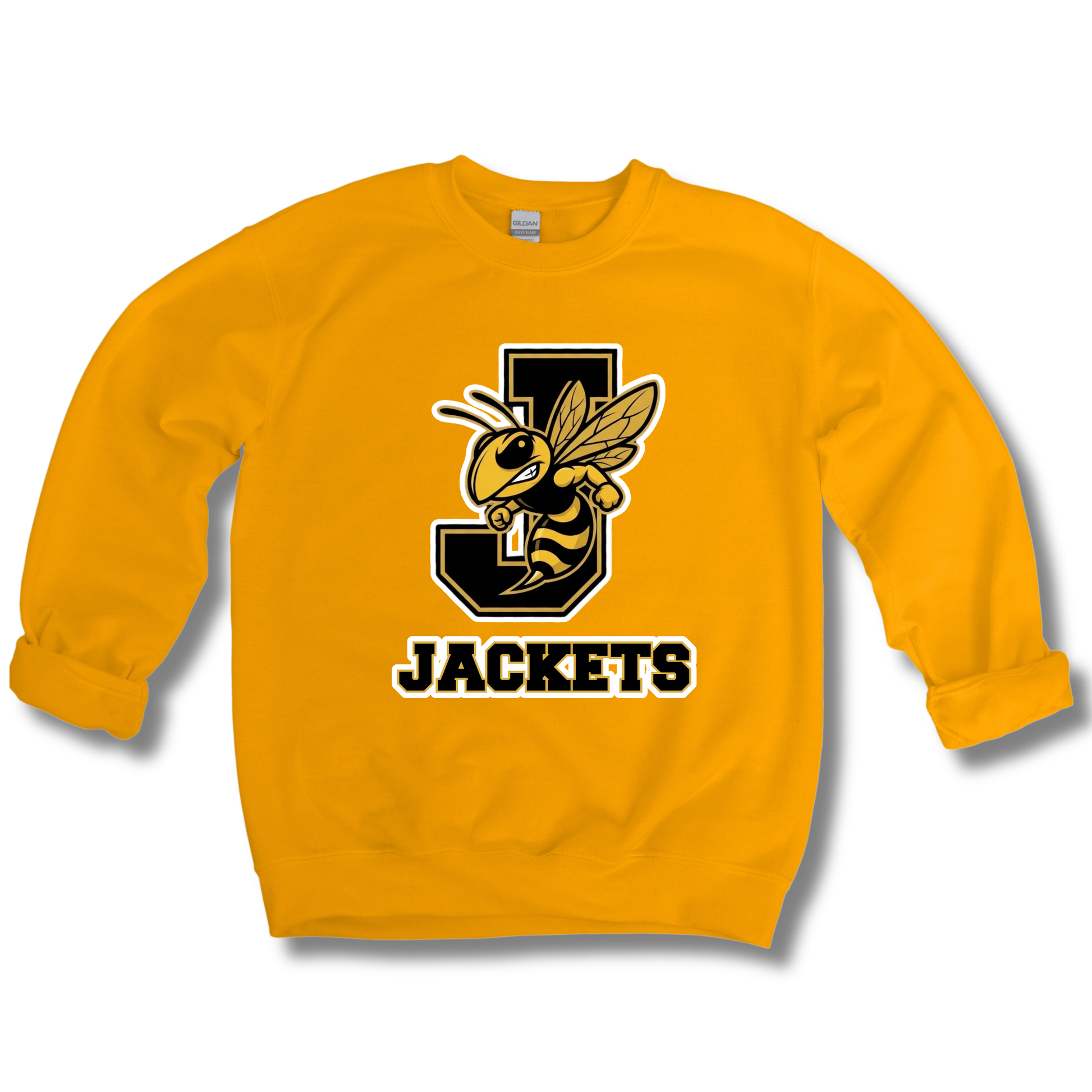A gold crewneck sweatshirt featuring a large graphic of a bee inside a black letter 'J' with the word 'JACKETS' printed below in black and white.
