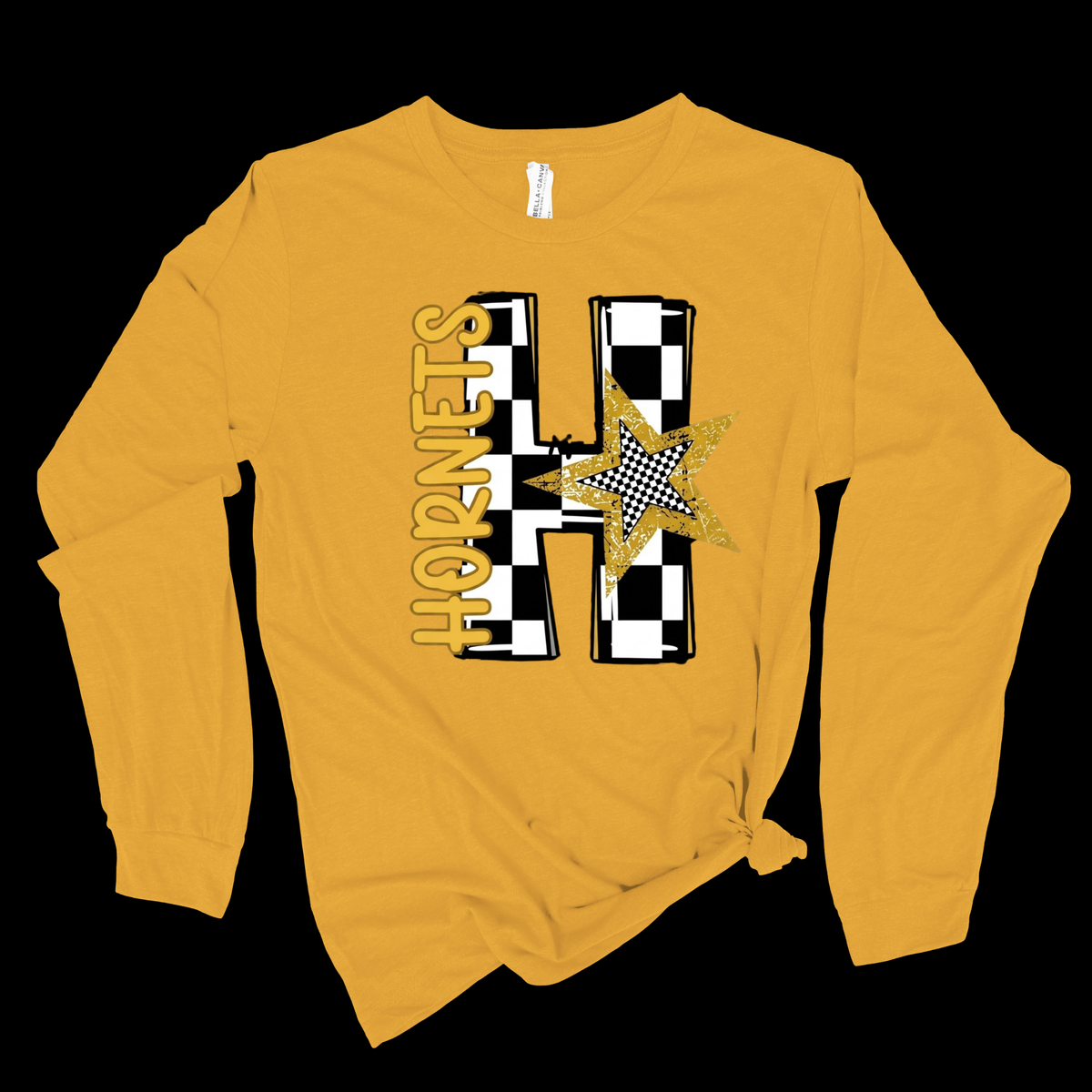 A long-sleeve t-shirt in a golden yellow color, featuring a 'Hornet Nation' graphic with a hornet mascot on the chest. The shirt is styled with a knot at the bottom right hem against a solid black background.