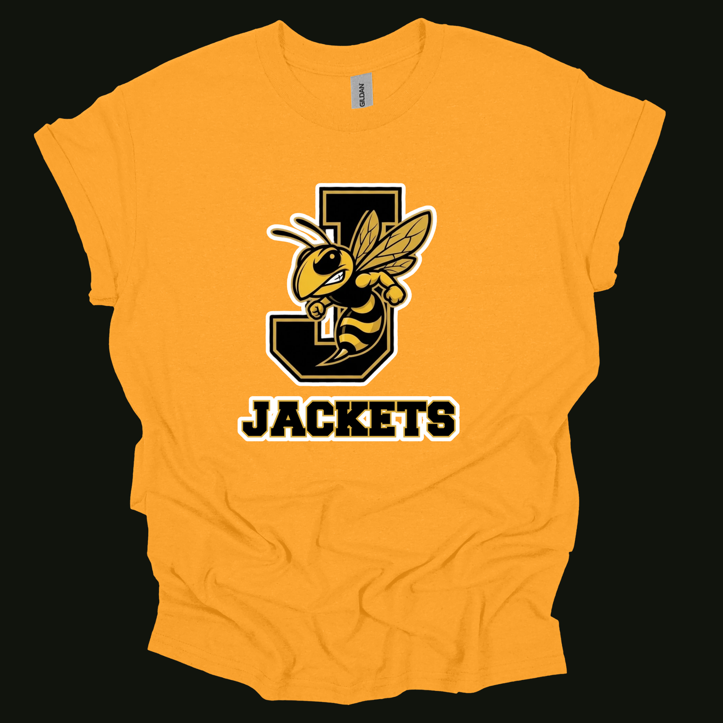 A bright yellow short-sleeve t-shirt with a black and yellow 'J' jacket mascot and the word 'JACKETS' printed on the front, displayed against a solid black background.