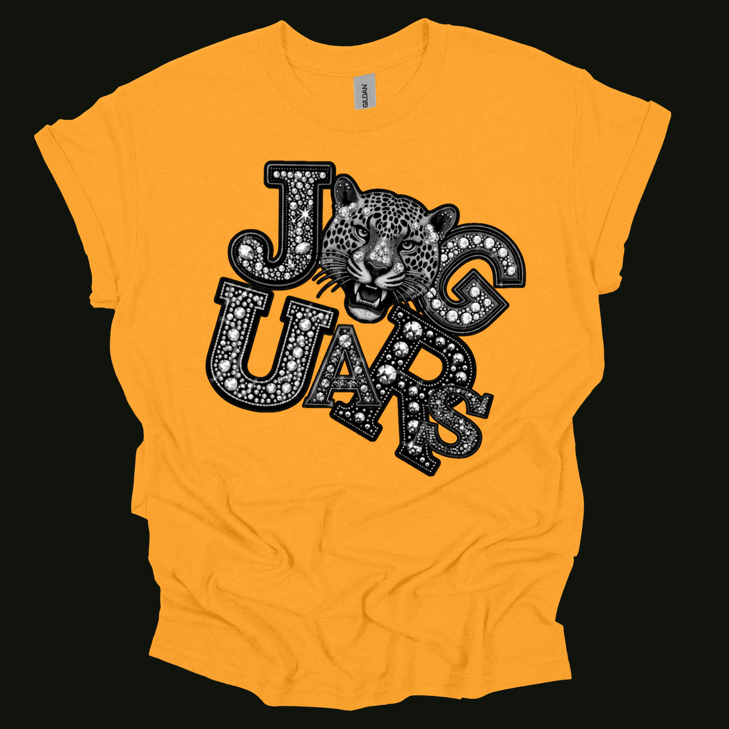 A bright yellow short-sleeve t-shirt with a graphic print of an eagle head and the word 'EAGLES' in a black and white dotted font, displayed flat against a solid black background.