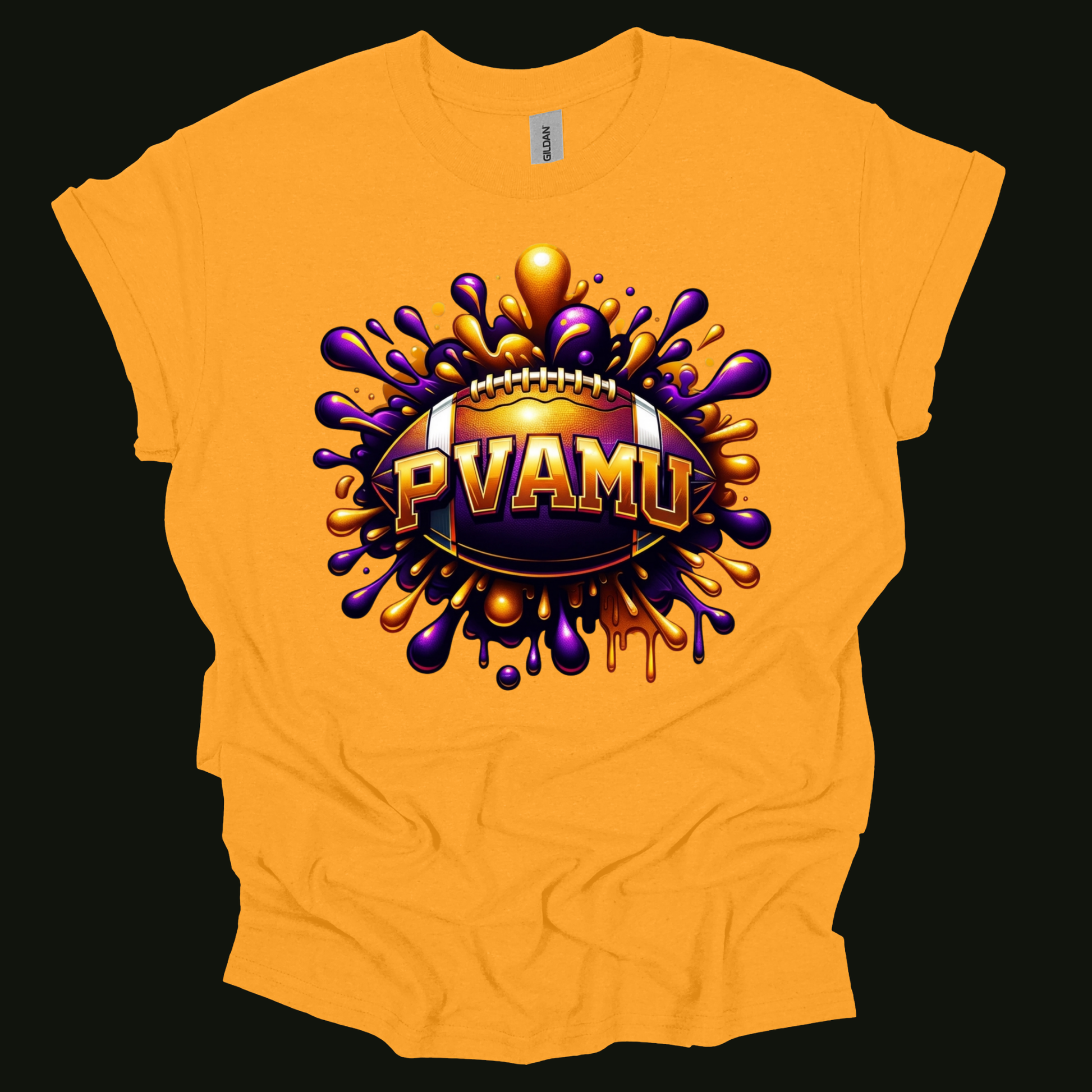 A bright yellow short-sleeve t-shirt with a graphic of a purple and gold running bear mascot and the text 'PRAIRIE WEE A&M PANTHERS' in purple, shown against a solid black background.